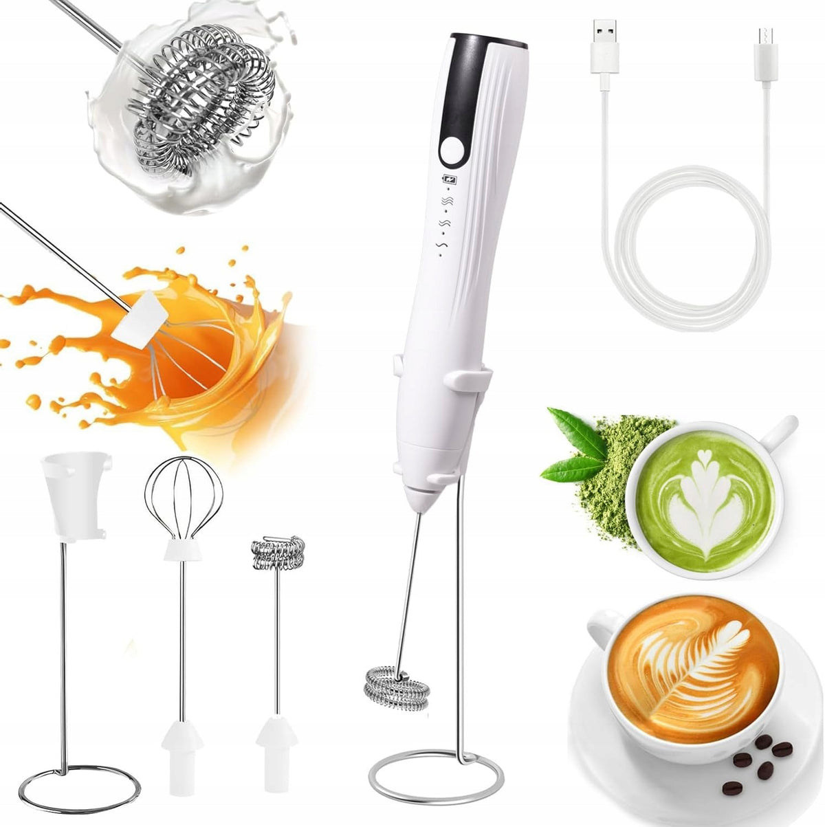 Electric Milk Foamer USB, 3 Speeds, Coffee Mixer White