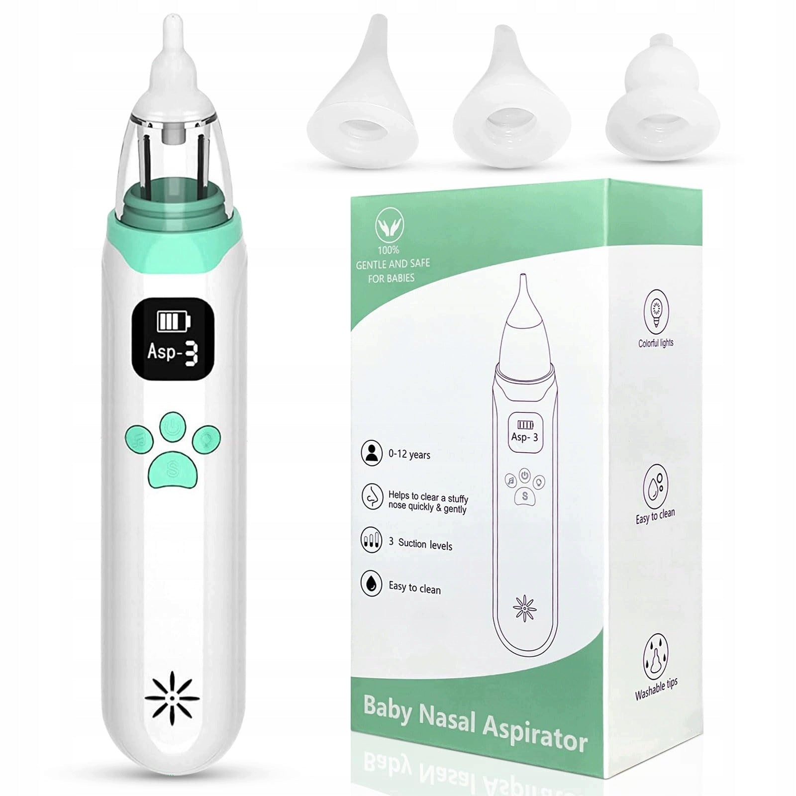 Electric Nasal Extractor 3 Suction Levels 3 USB LED Tips Quiet Medical device no