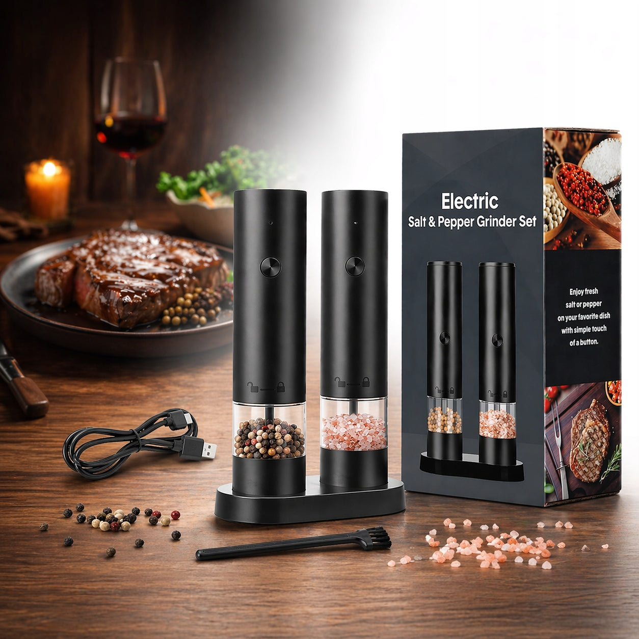 Electric Pepper and Salt Grinder, USB Rechargeable, 2 Pieces with Base Manufacturer code 11474370
