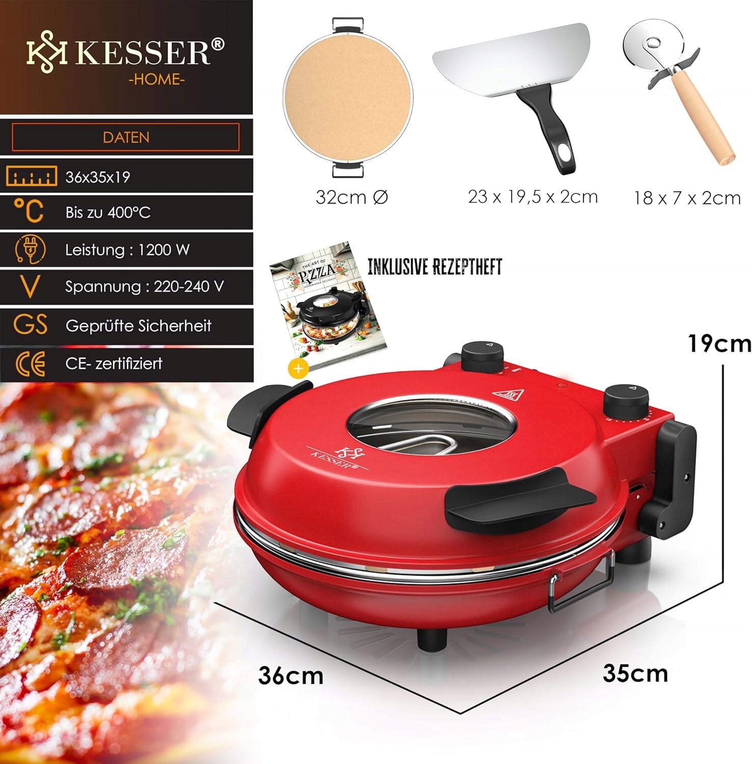 Electric Pizza Oven KESSER Mini Oven Stone 400°C 1200W Red EAN (GTIN) 4255598327879