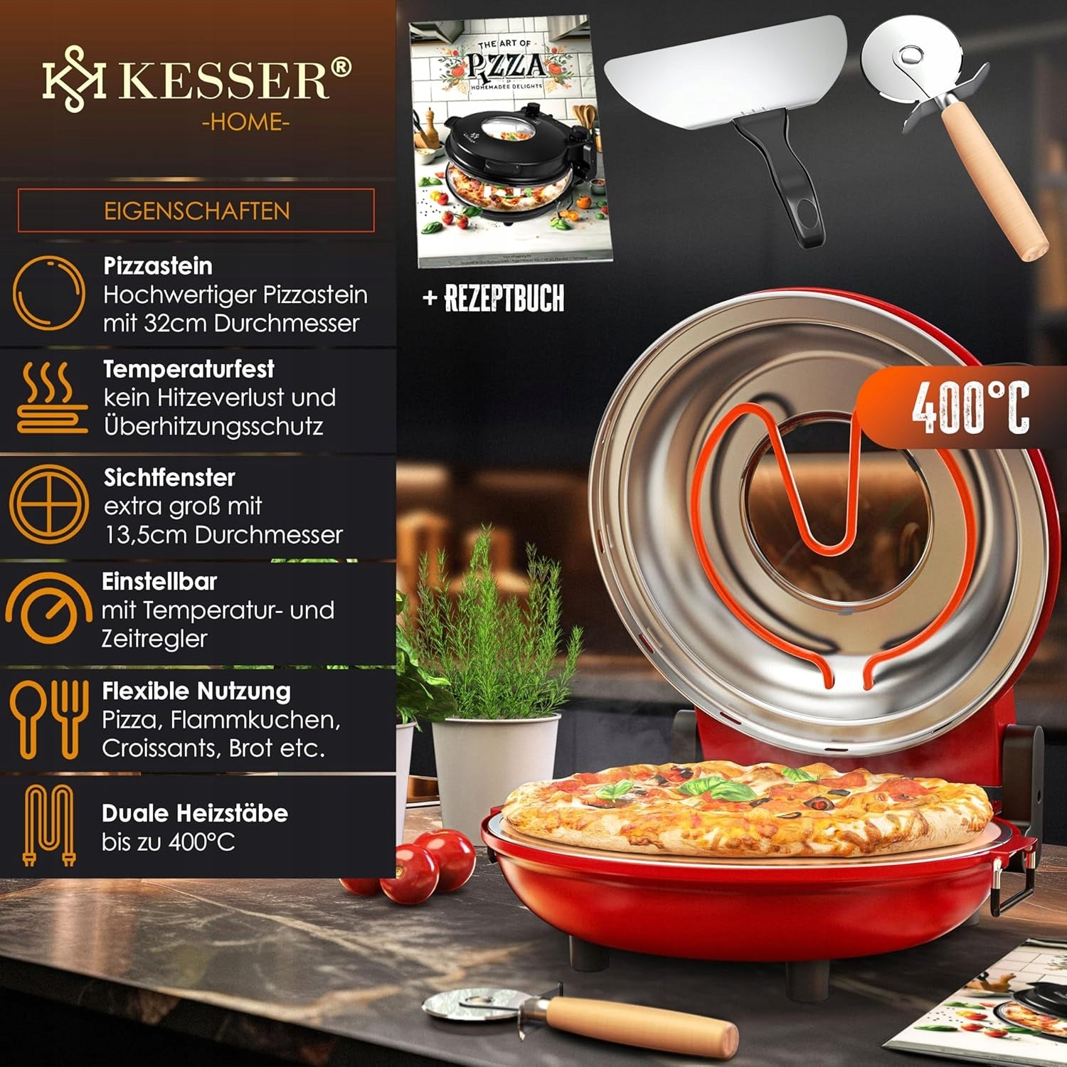 Electric Pizza Oven KESSER Mini Oven Stone 400°C 1200W Red Manufacturer code Buon appetito!