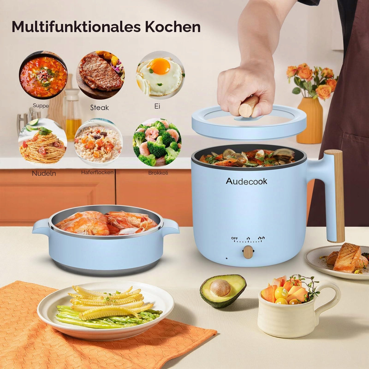 Electric Pot for Pasta Non-stick 1,8 L Blue AUDECOOK Packaging status original