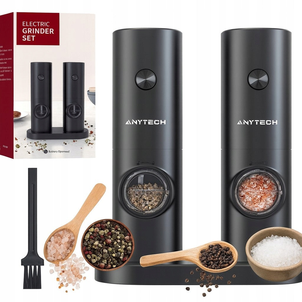 Electric Salt Pepper Spice Grinder Black Adjustable x2 Set