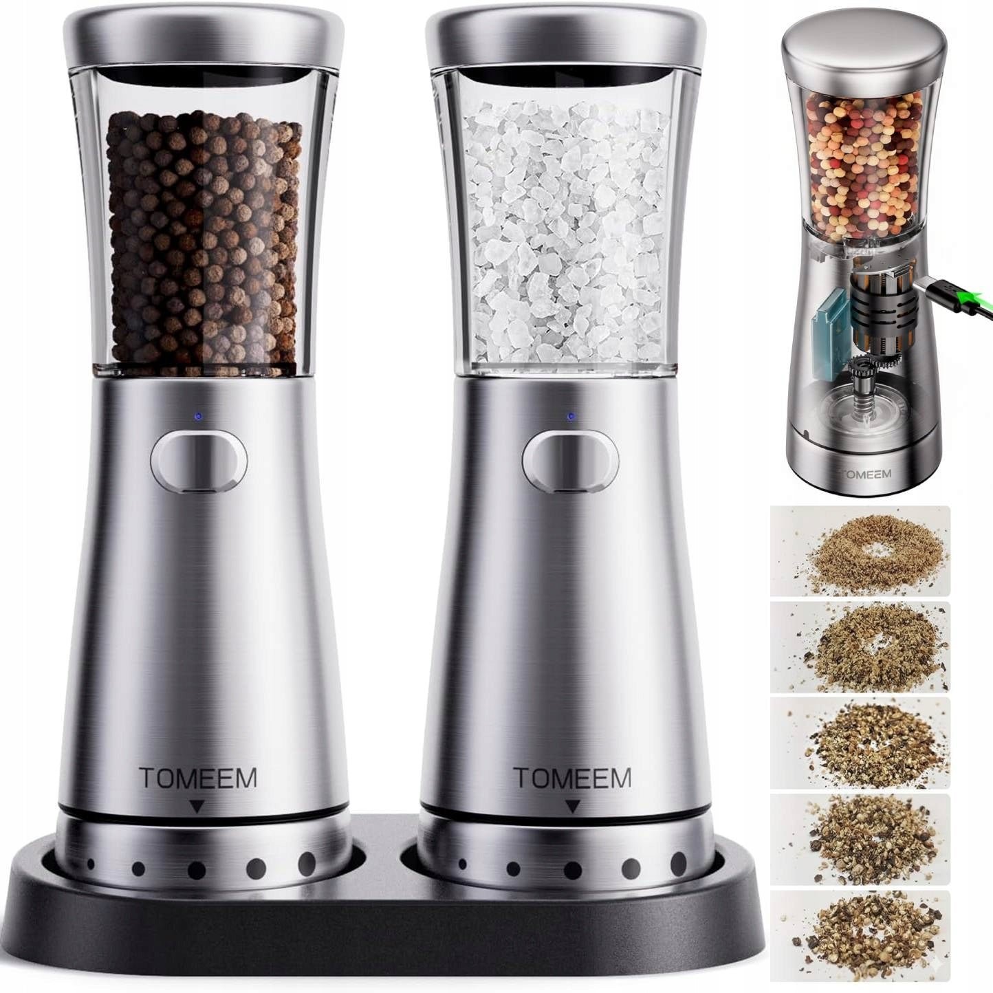 Electric Salt and Pepper Grinder Rechargeable USB-C LED Set of 2PCS