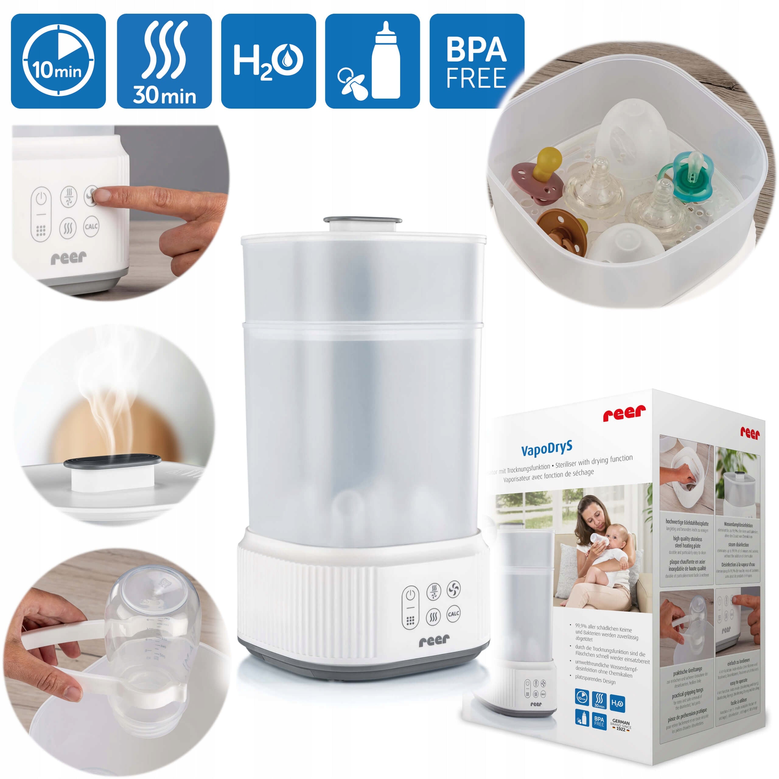 Electric Steam Sterilizer with Auto-Timer 4 Modes VapoDryS REER