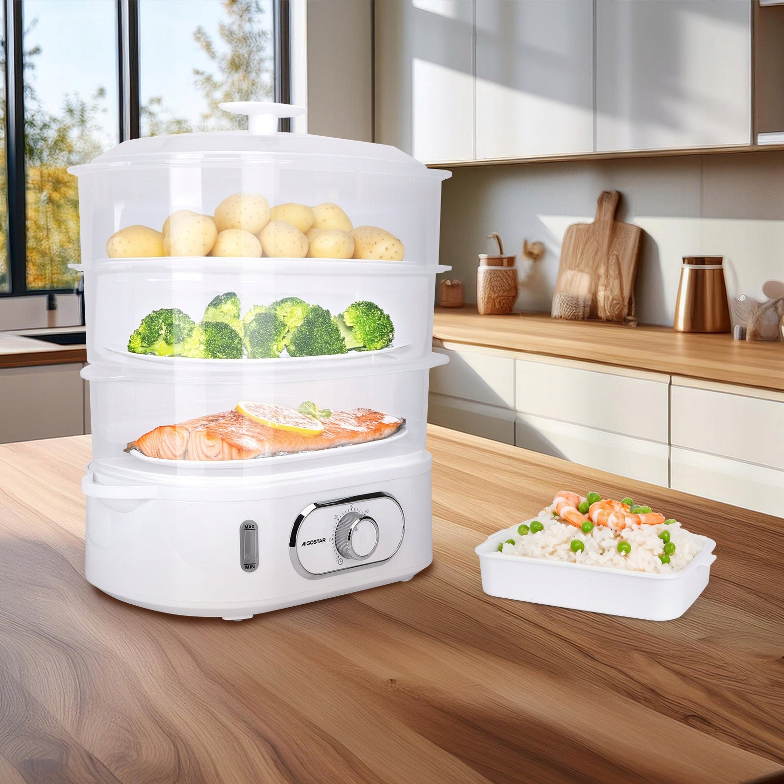 Electric Steamer 12L 900W 3 Level Timer 60 Min For Egg Rice Vegetables Brand Aigostar