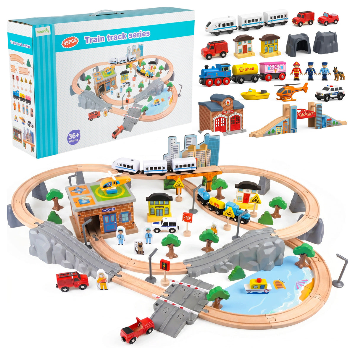 Electric Wooden Railway with Tracks Train Track City Police Bridge 95el
