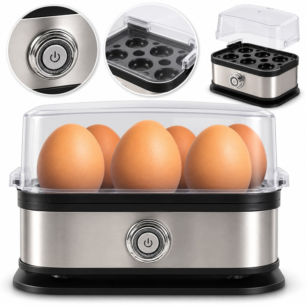 Electric egg cooker 6 eggs 200 W soft medium hard silver