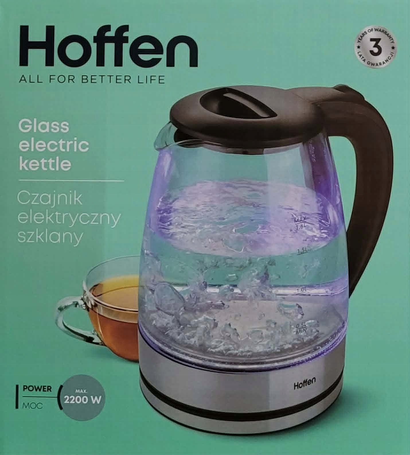 Electric glass kettle Hoffen LED 2200 W 1,8 l silver/grey Packaging status original