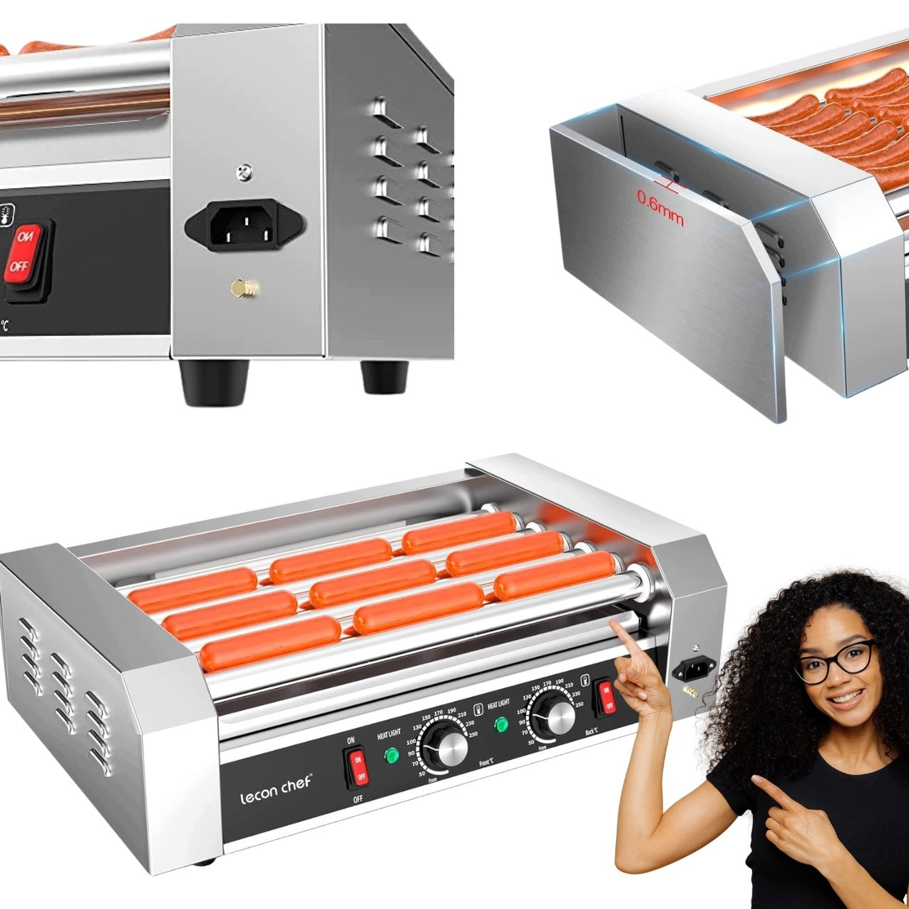 Electric hot dog grill 7 rolls 1200W LED 50-250°C stainless steel