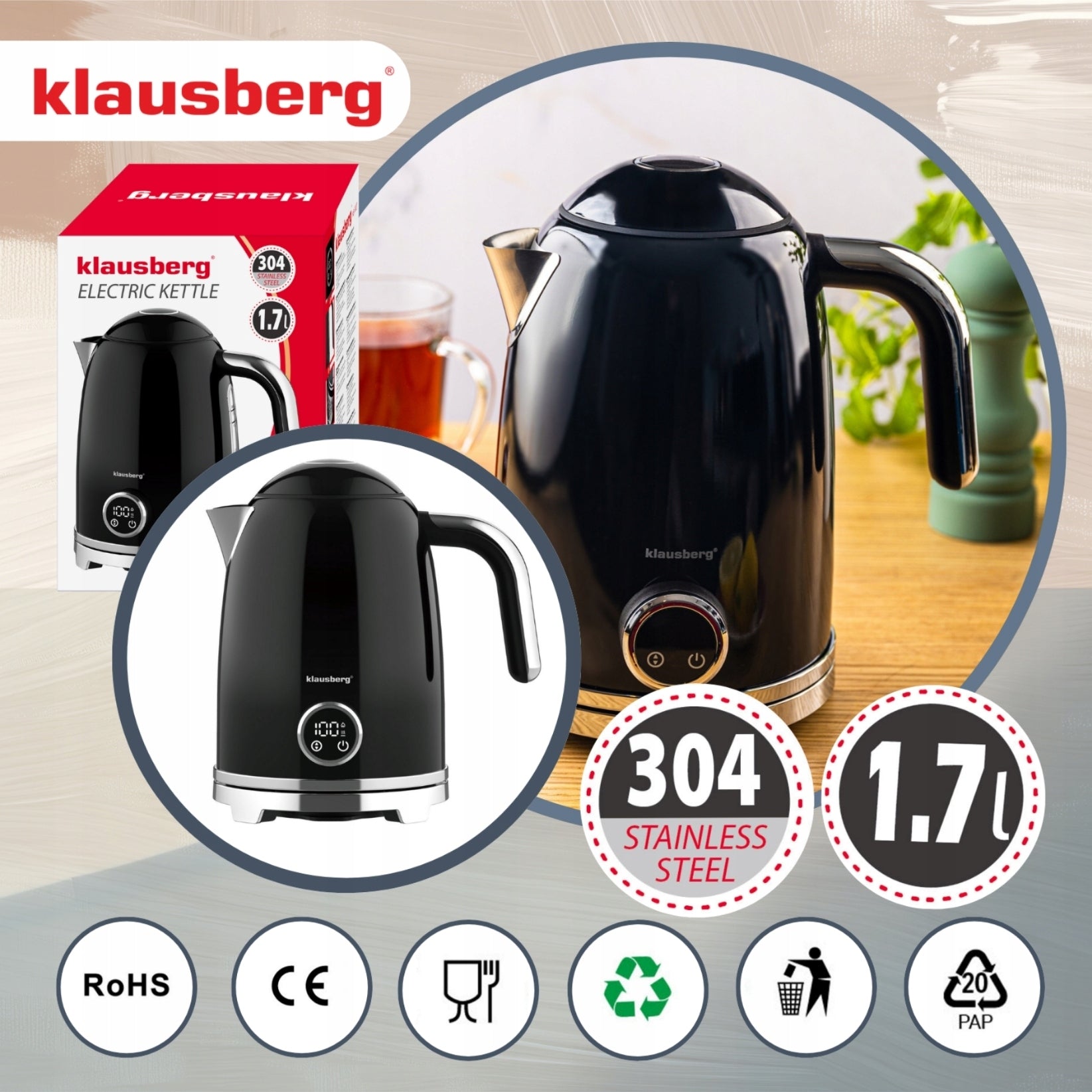 Electric kettle Wireless KLAUSBERG Thermometer 1,7L LED steel 304 Manufacturer code KB-9027