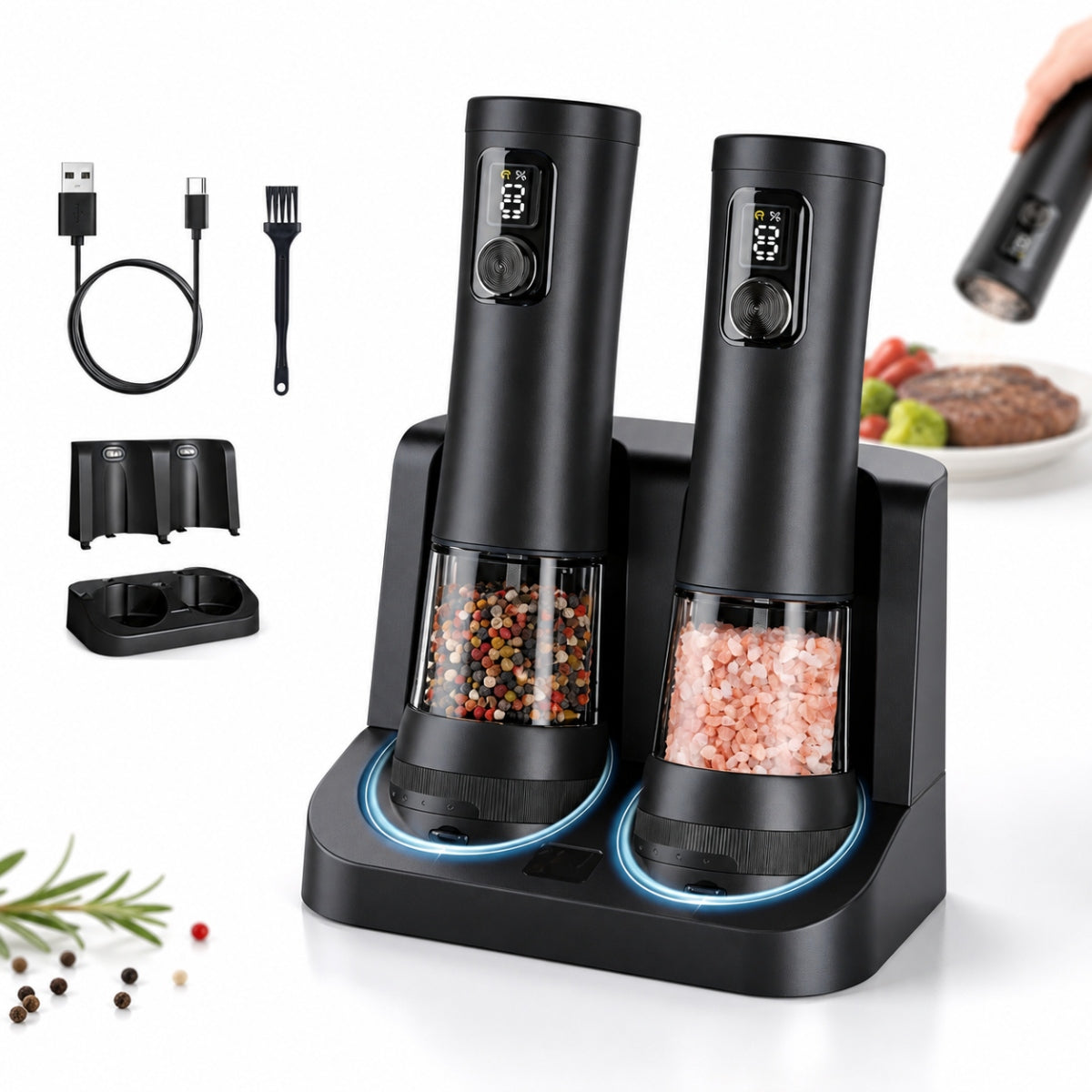 Electric pepper and salt grinder 800mah usb-c charging base
