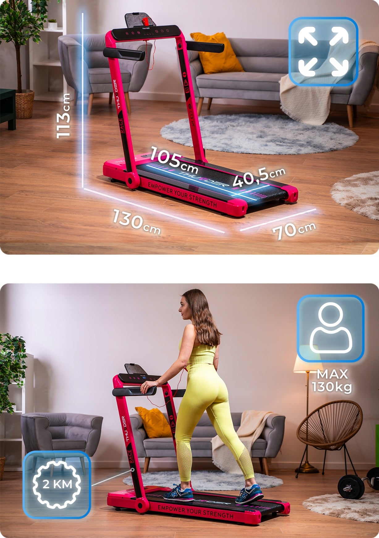 Electric treadmill Thunder RACE-PINK 0,8 – 14 km/h 130 kg folding application Packaging status original
