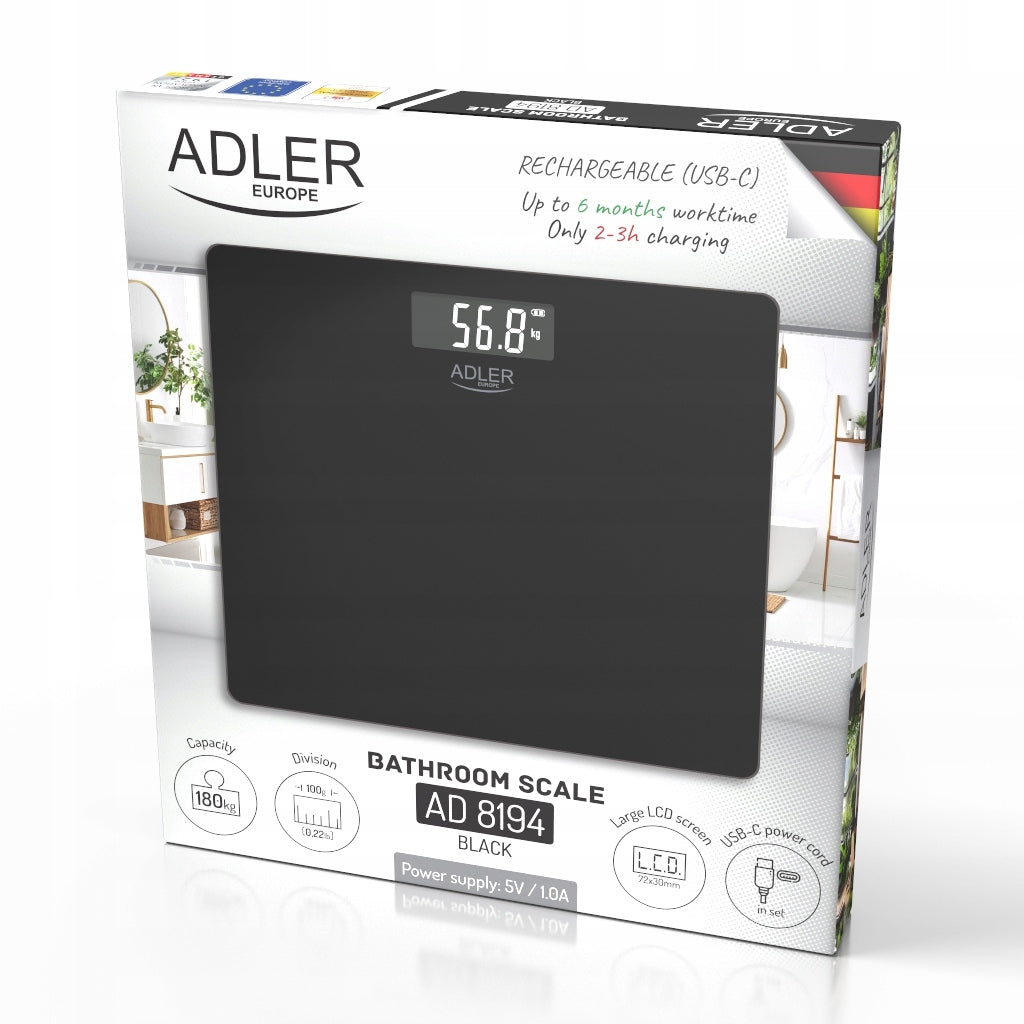 Electronic bathroom scale Adler Europe AD8194 180Kg Black Manufacturer code AD8194B