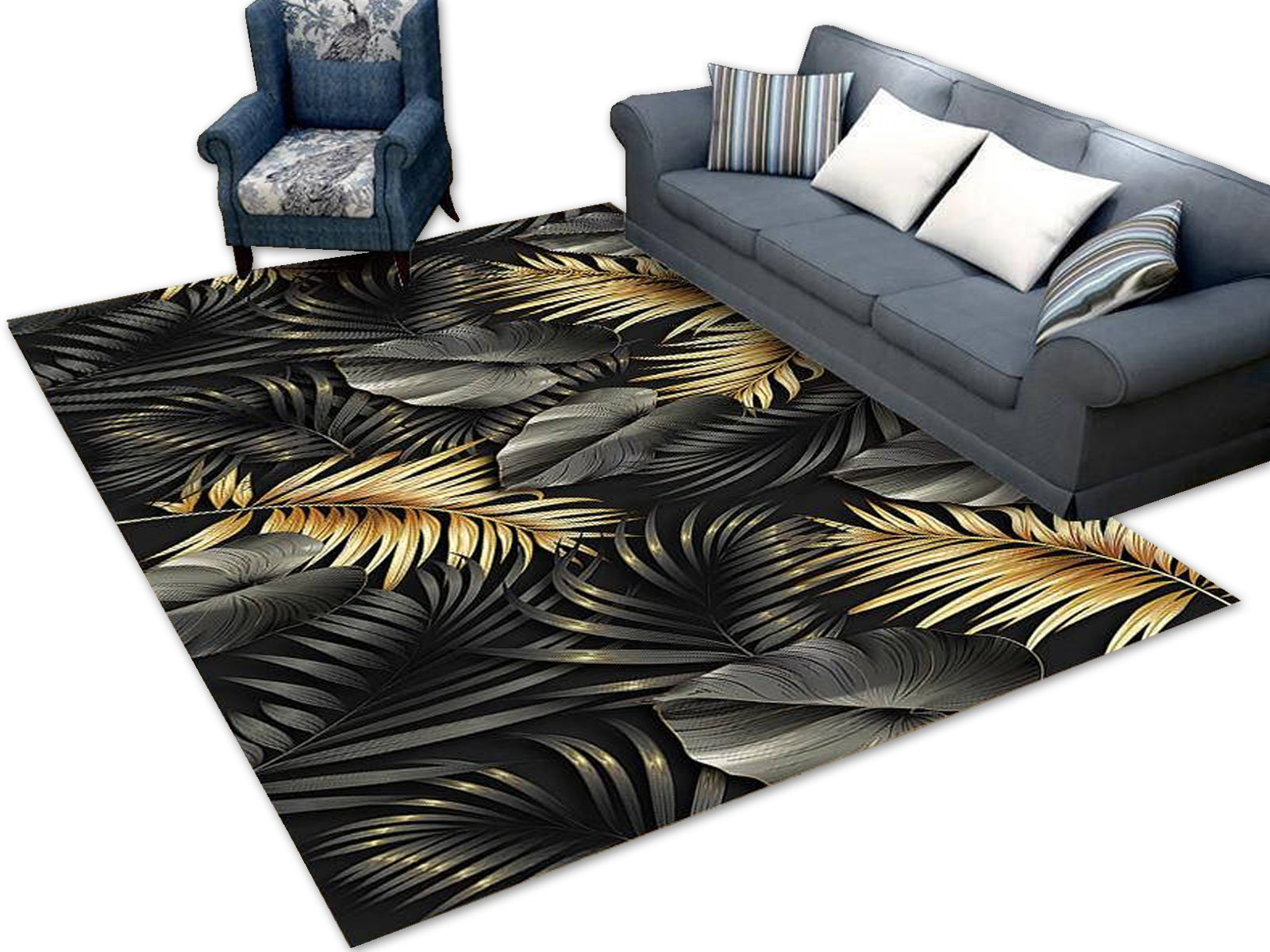 Elegant Anti-slip Carpet for Living Room Fancy 120x160 Leaves Black Gold