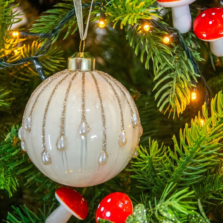 Elegant Christmas tree baubles glass white mat with beads 8 cm mix of designs Brand Kaemingk