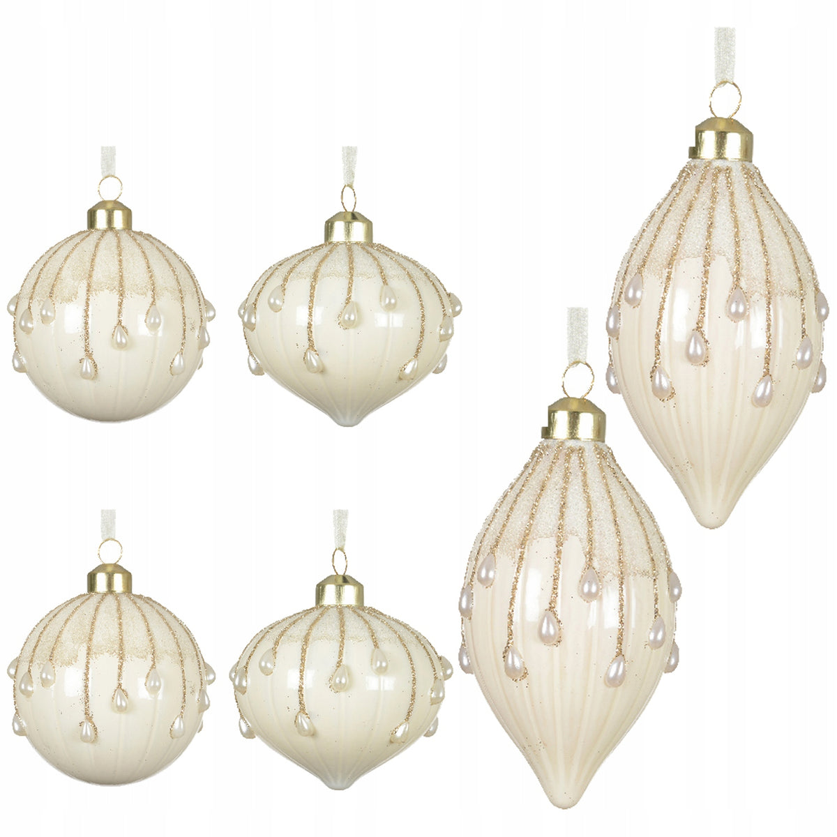Elegant Christmas tree baubles glass white mat with beads 8 cm mix of designs