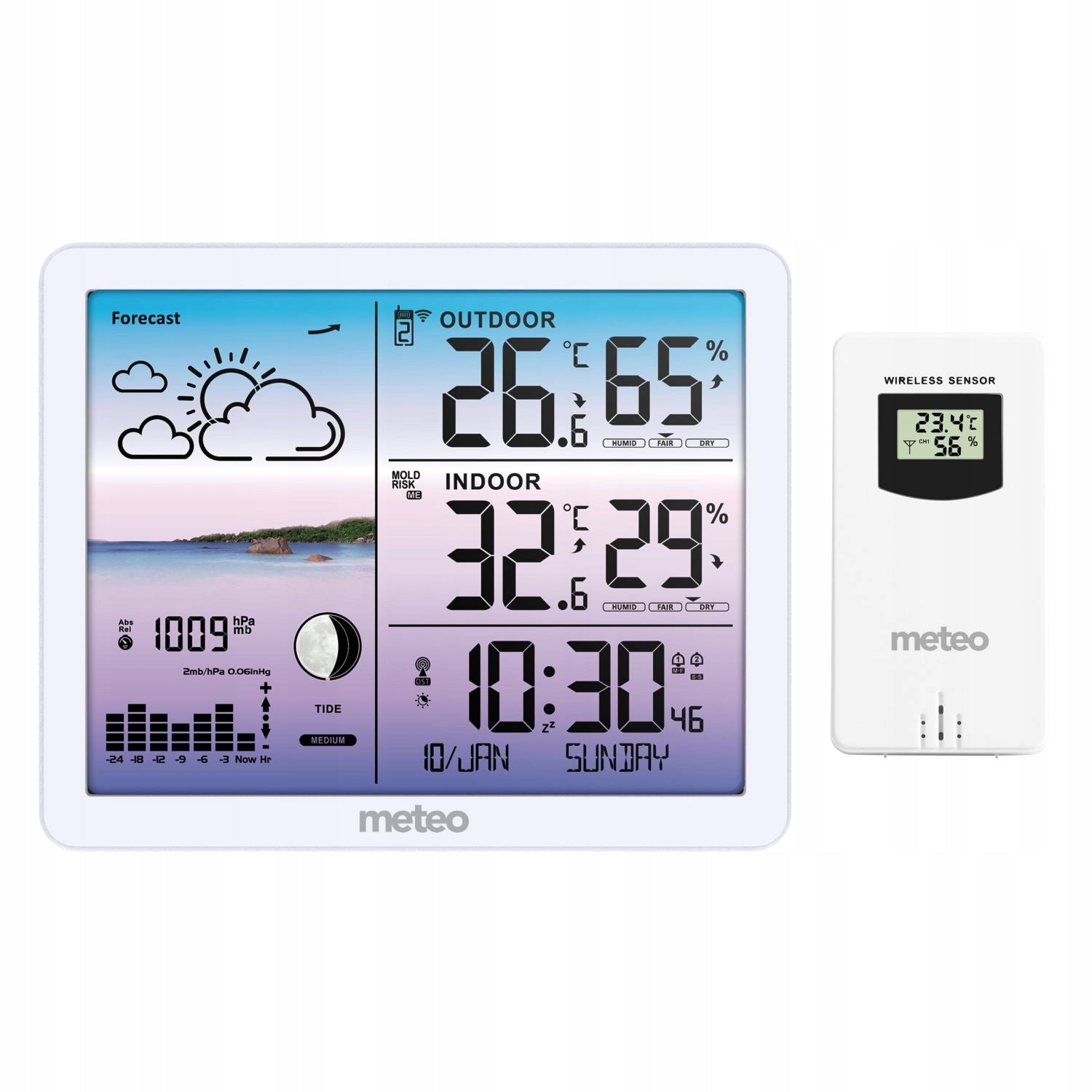 Elegant weather station METEO SP107B Large screen Temperature alarm DCF Packaging status original