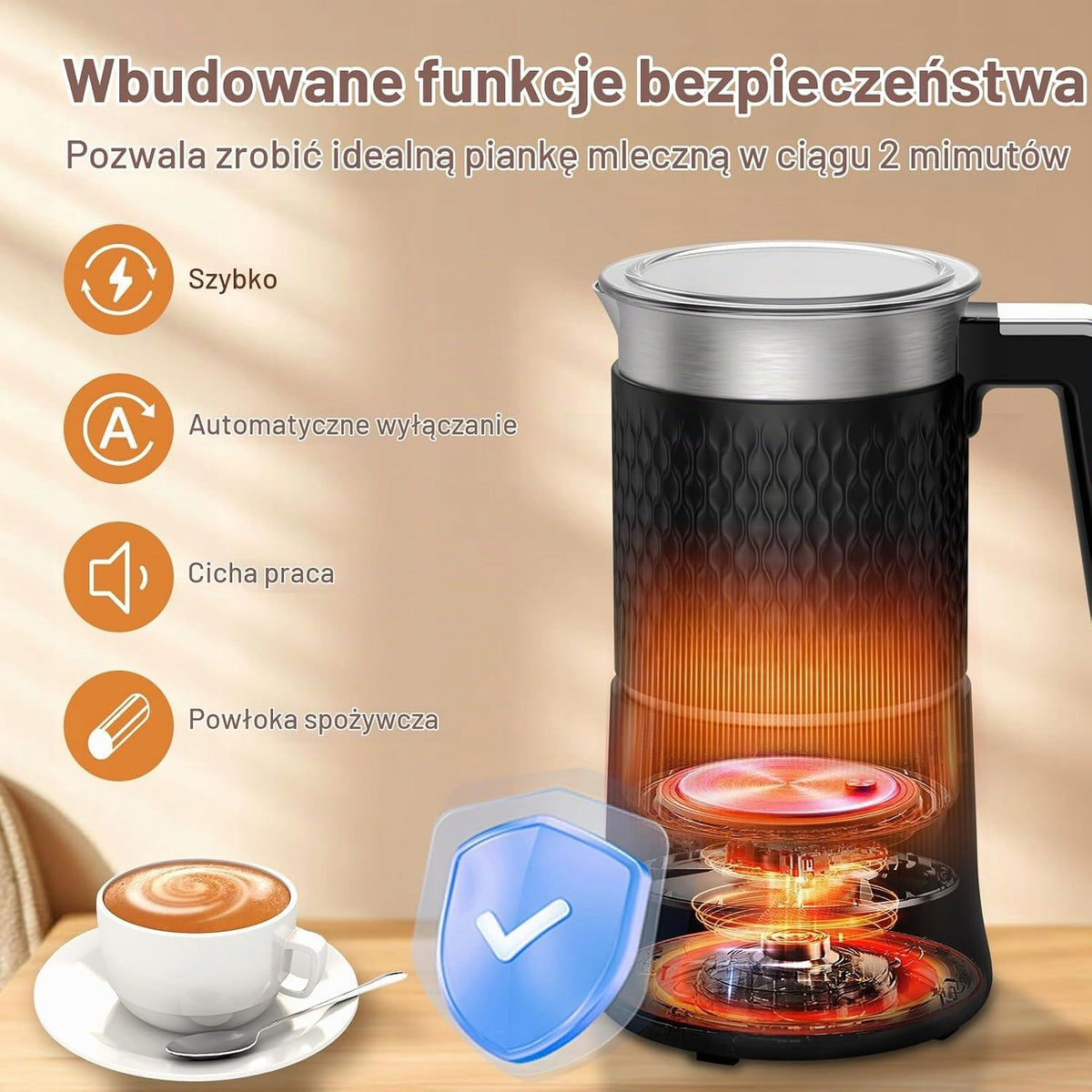Elektryczny spieniacz mleka 5w1 automatyczny 350ml duża pojemność cichy Packaging status original