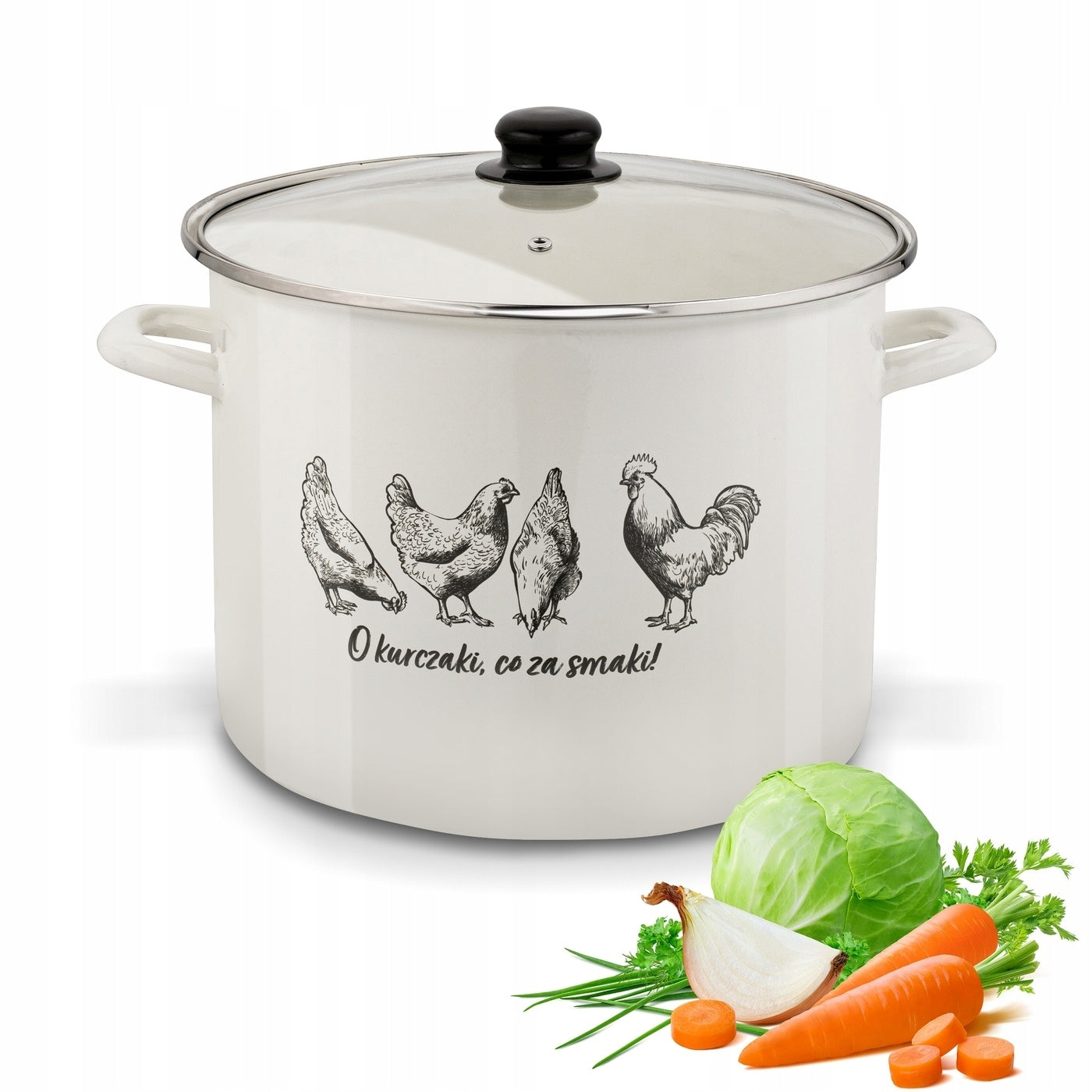 Enamel POT with Glass LID LARGE Steel Tadar O Chickens 12L 30cm