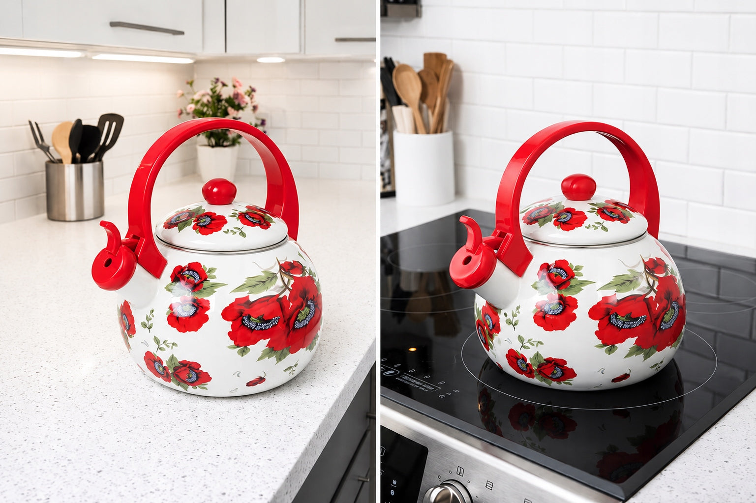 Enamel kettle MAKI traditional steel Edenberg 2,2L WHITE RED Brand Edenberg
