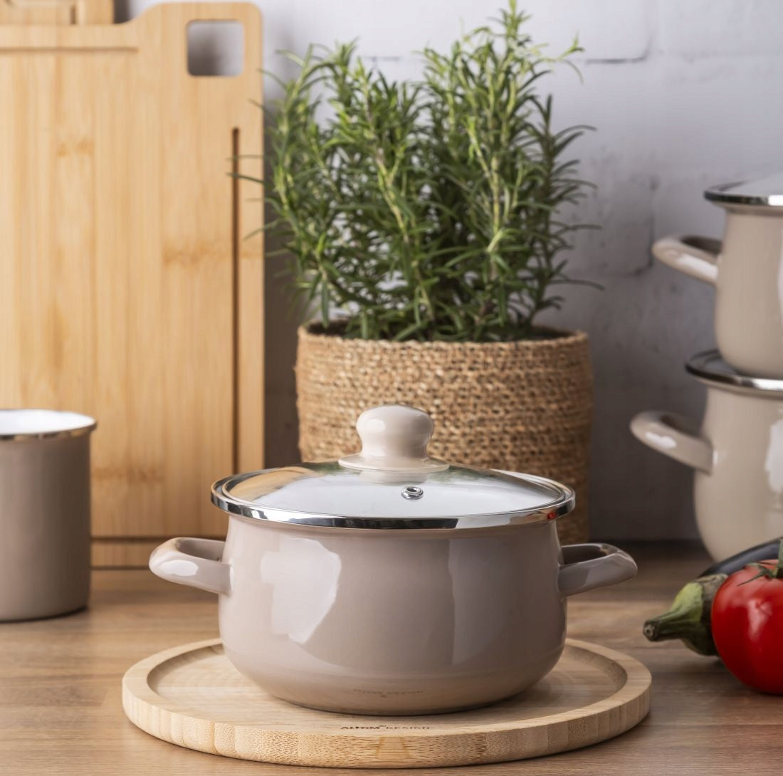 Enamel pot 1,9 l with glass lid induction gas Altom Design taupe Manufacturer code 02050021345