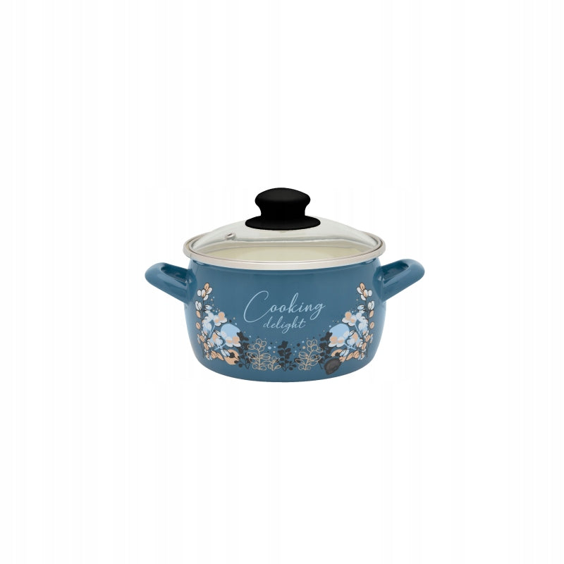 Enamel pot 16cm 2.2L, with glass lid, blue, Cooking Delight