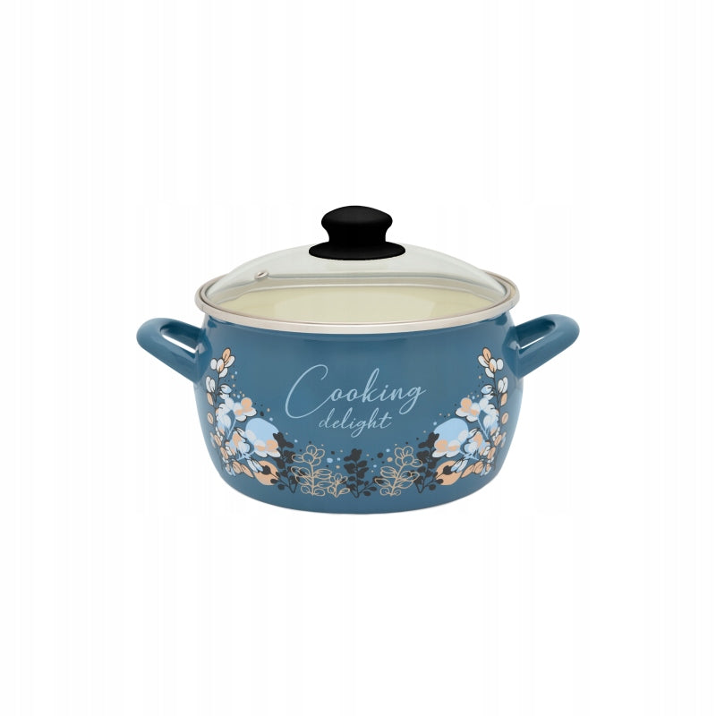 Enamel pot 20cm 4.2L, with glass lid, blue, Cooking Delight