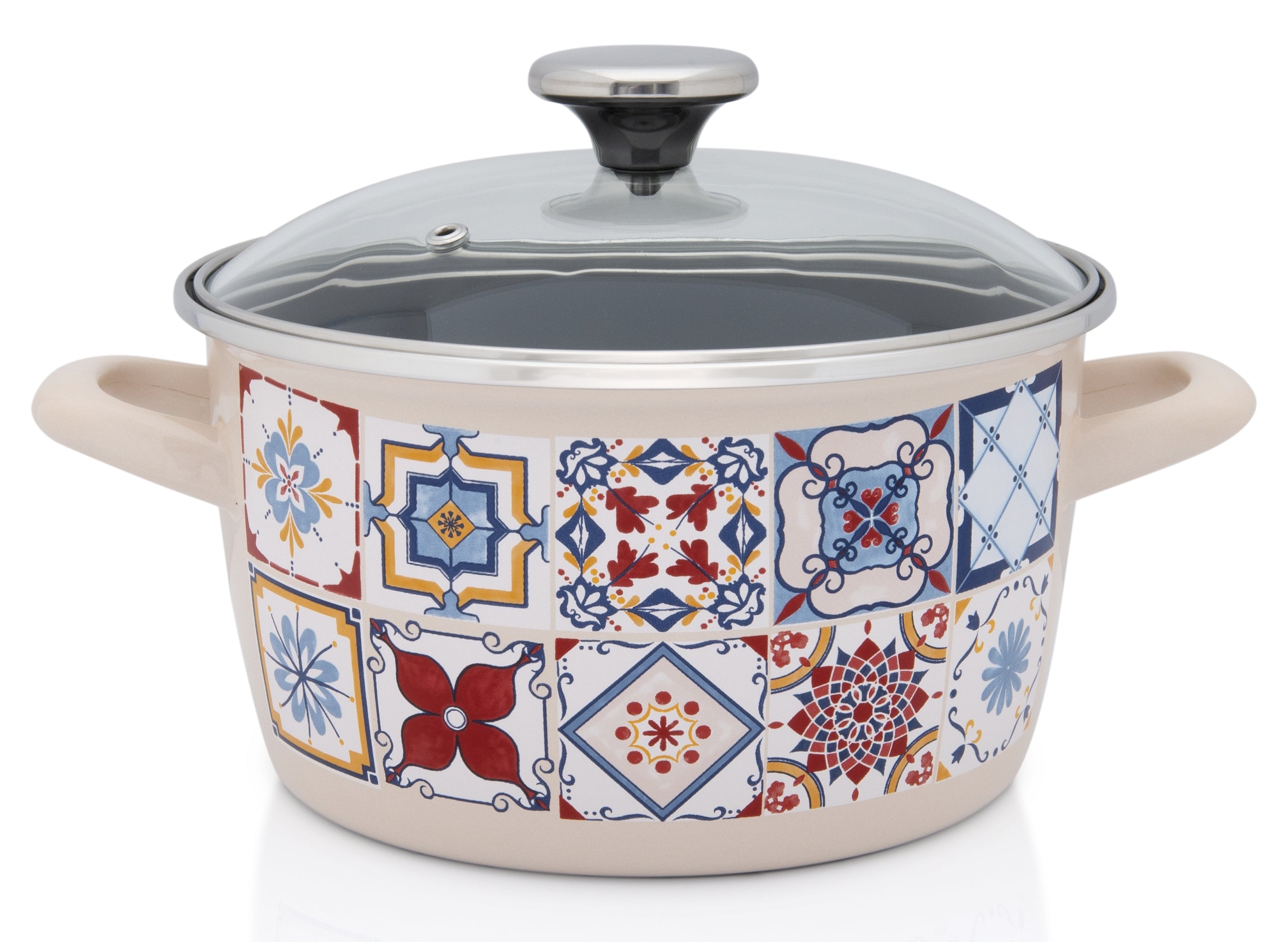 Enamel pot with glass lid, 24 cm 6.0L, cream, Porto