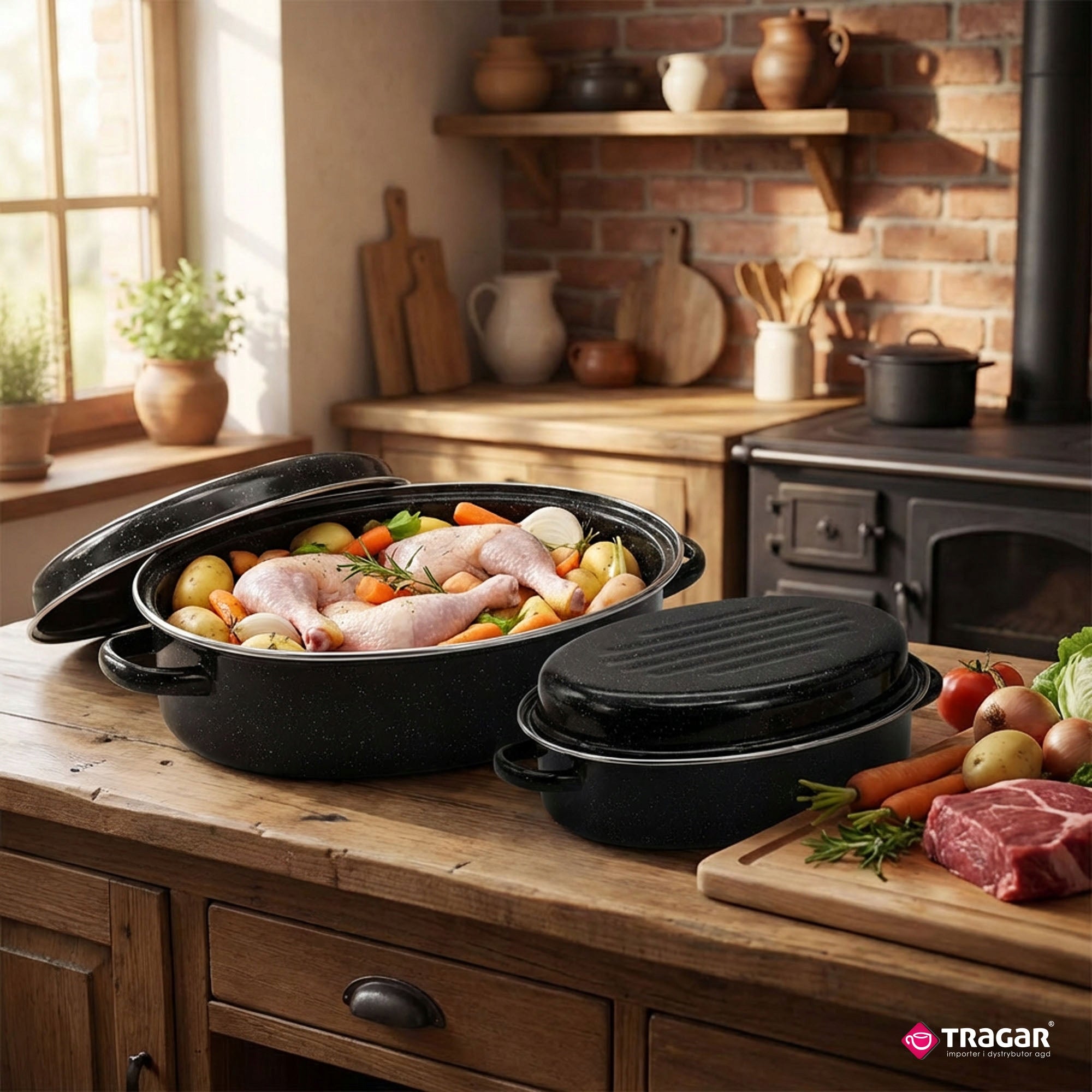 Enameled Gooseberry 38cm Oval Brittany with Lid Spacious Black 7,5L Capacity 7.5 l