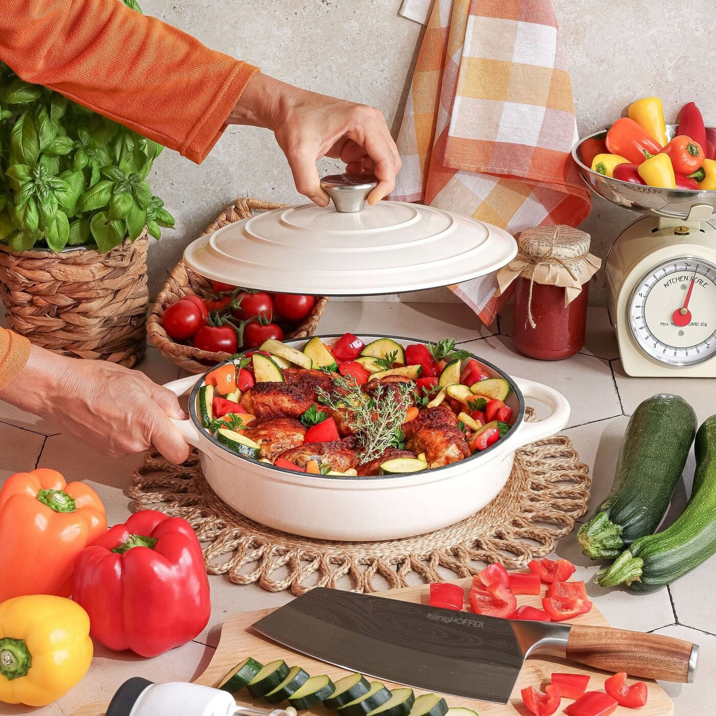 Enameled cast iron Konighoffer 4l 28cm round cream with lid Packaging status original