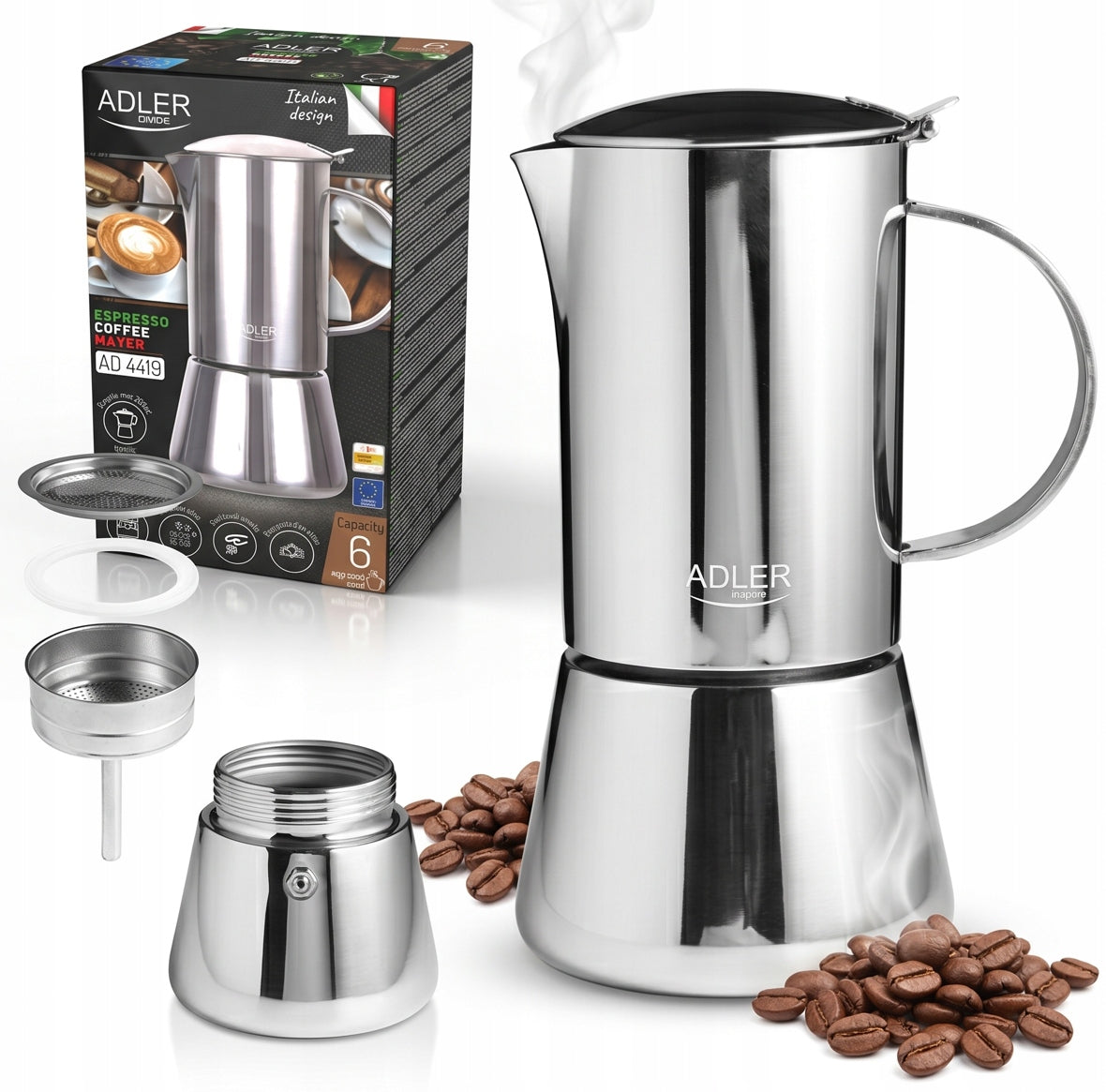 Espresso Coffee Maker 6 CUPS - 350ml STAINLESS STEEL