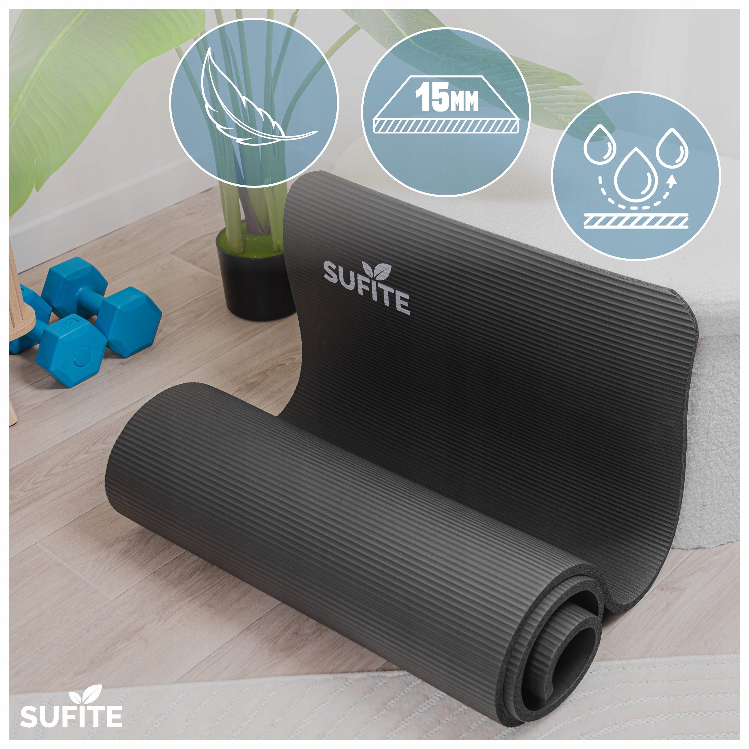 Exercise mat SUFITE black, thick NBR 1,5 cm, yoga and fitness with handle Brand SUFITE