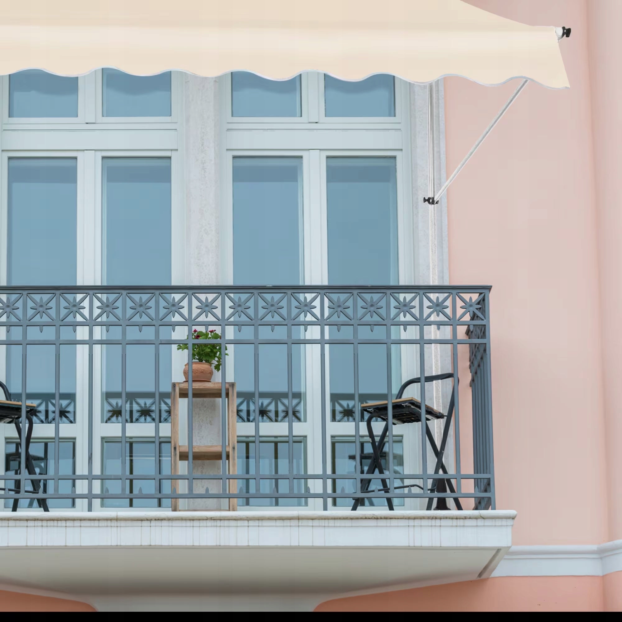 Expandable balcony terrace awning 395x120 cm cream with white frame Length 120 cm