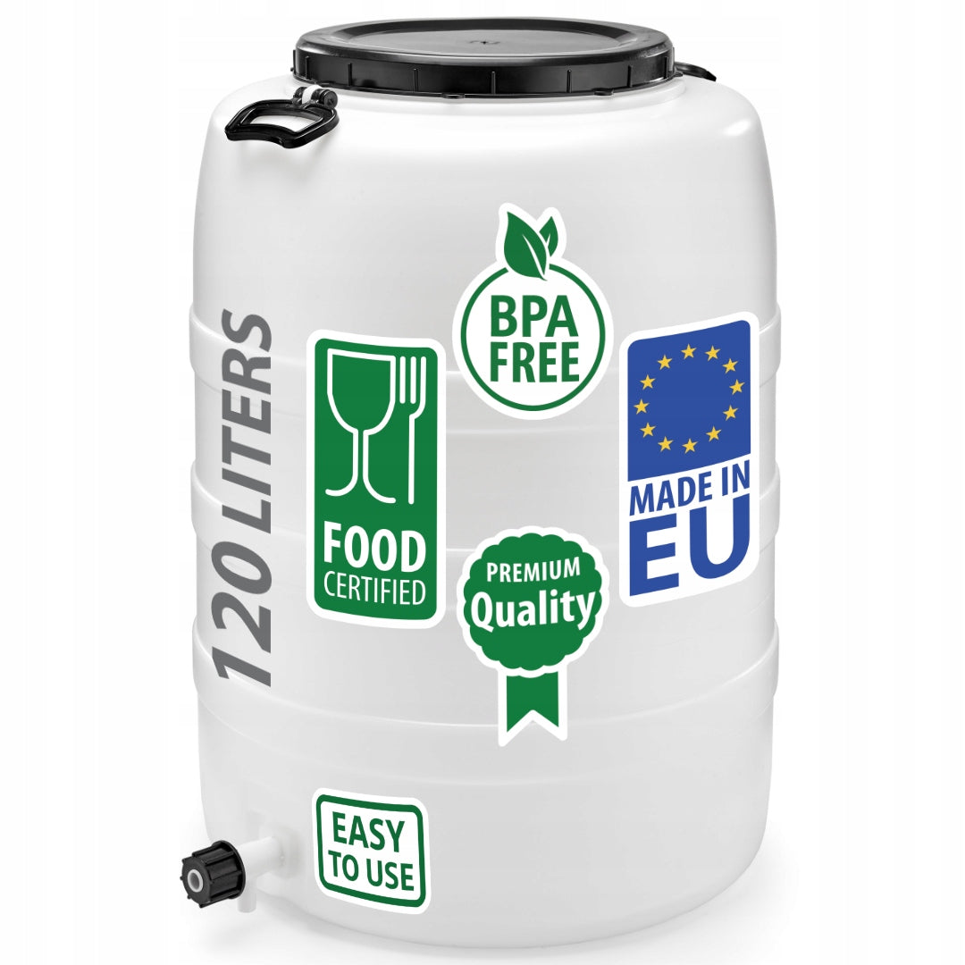 F&R PLASTIC BARREL 120L FOR WATER PICKLING WITH PRESSURE AND TAP WHITE Manufacturer code FR0823