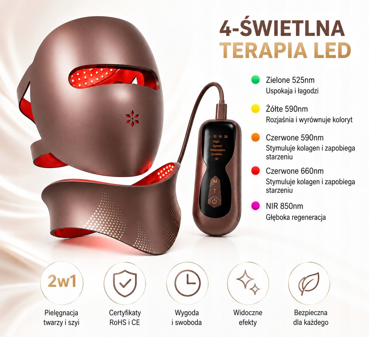 FACE + NECK LED MASK 328 LED NIR 850nm 4 COLORS + REMOTE CONTROL Number of therapeutic colors 4