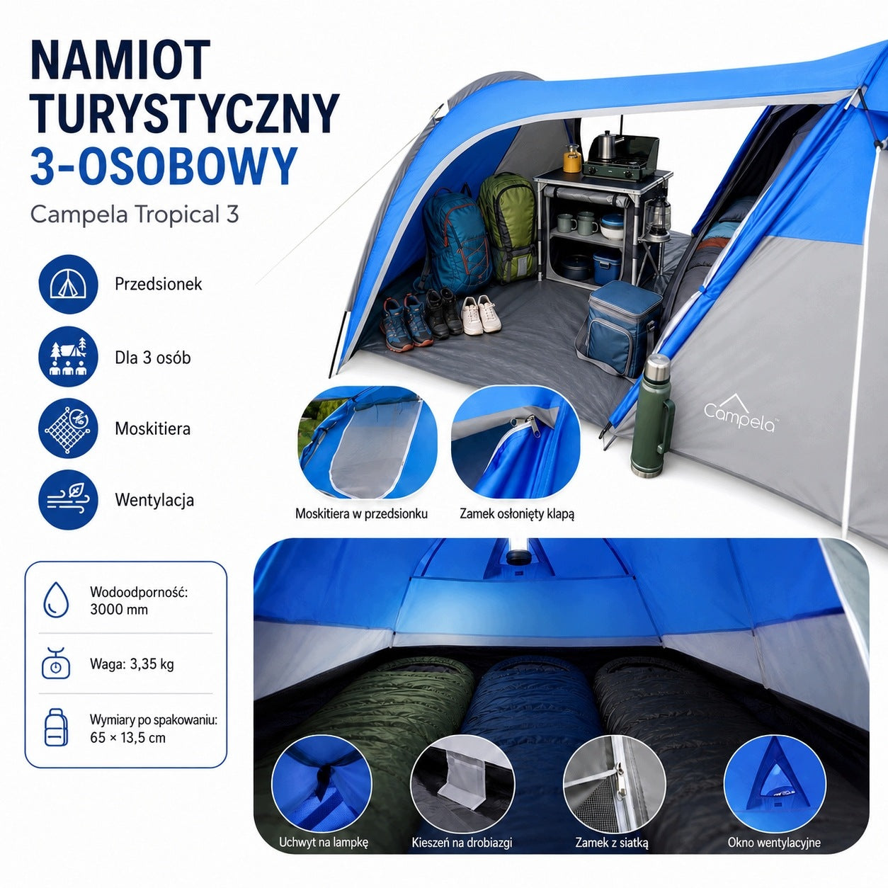 FAMILY TENT FOR THREE-PERSON CAMPING WITH TOURIST VESTIBULE 345x125 Manufacturer code Campela