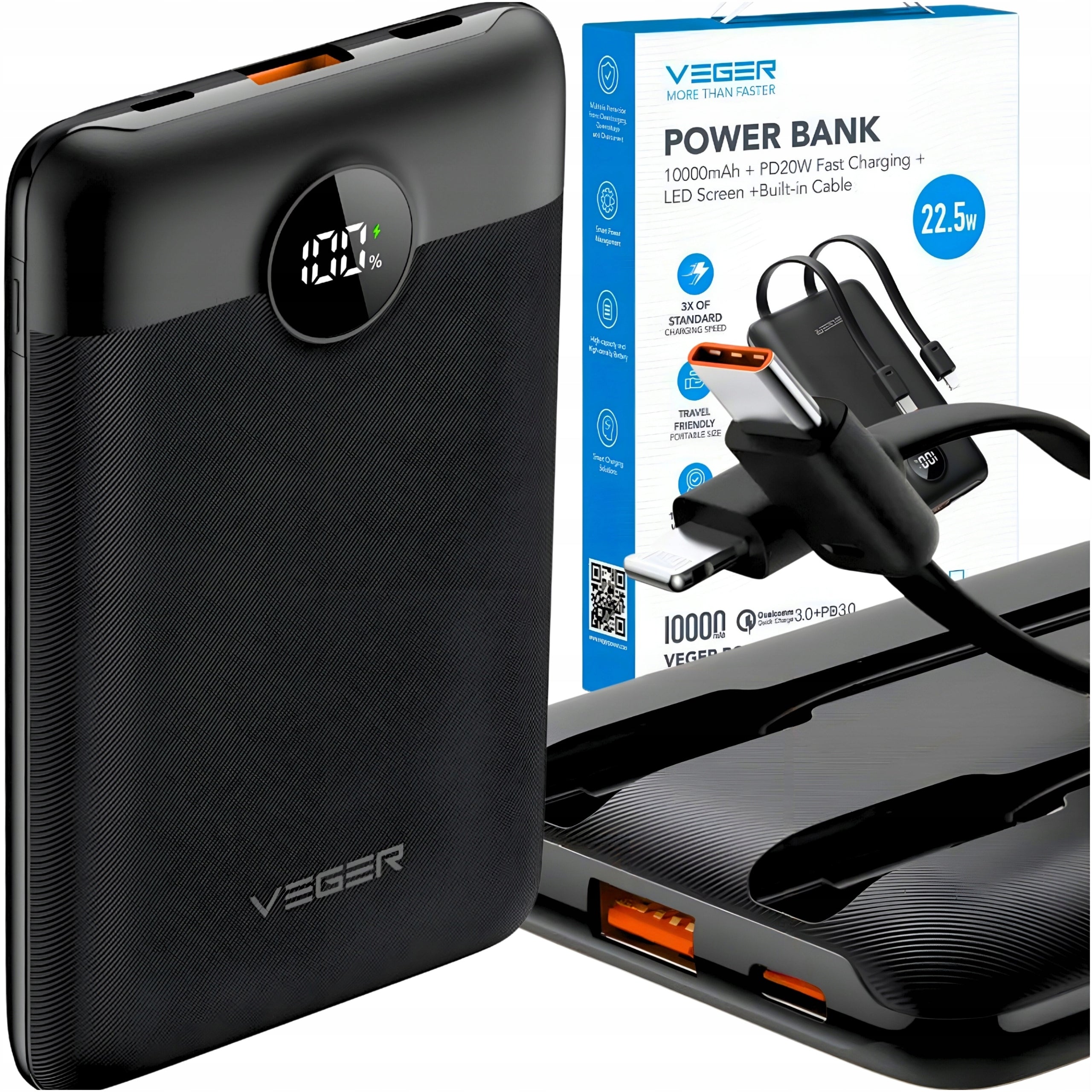 FAST POWERBANK 10000 mAh VEGER 22,5W PD 3.0 QC 3.0 USB USB-C TRAVEL