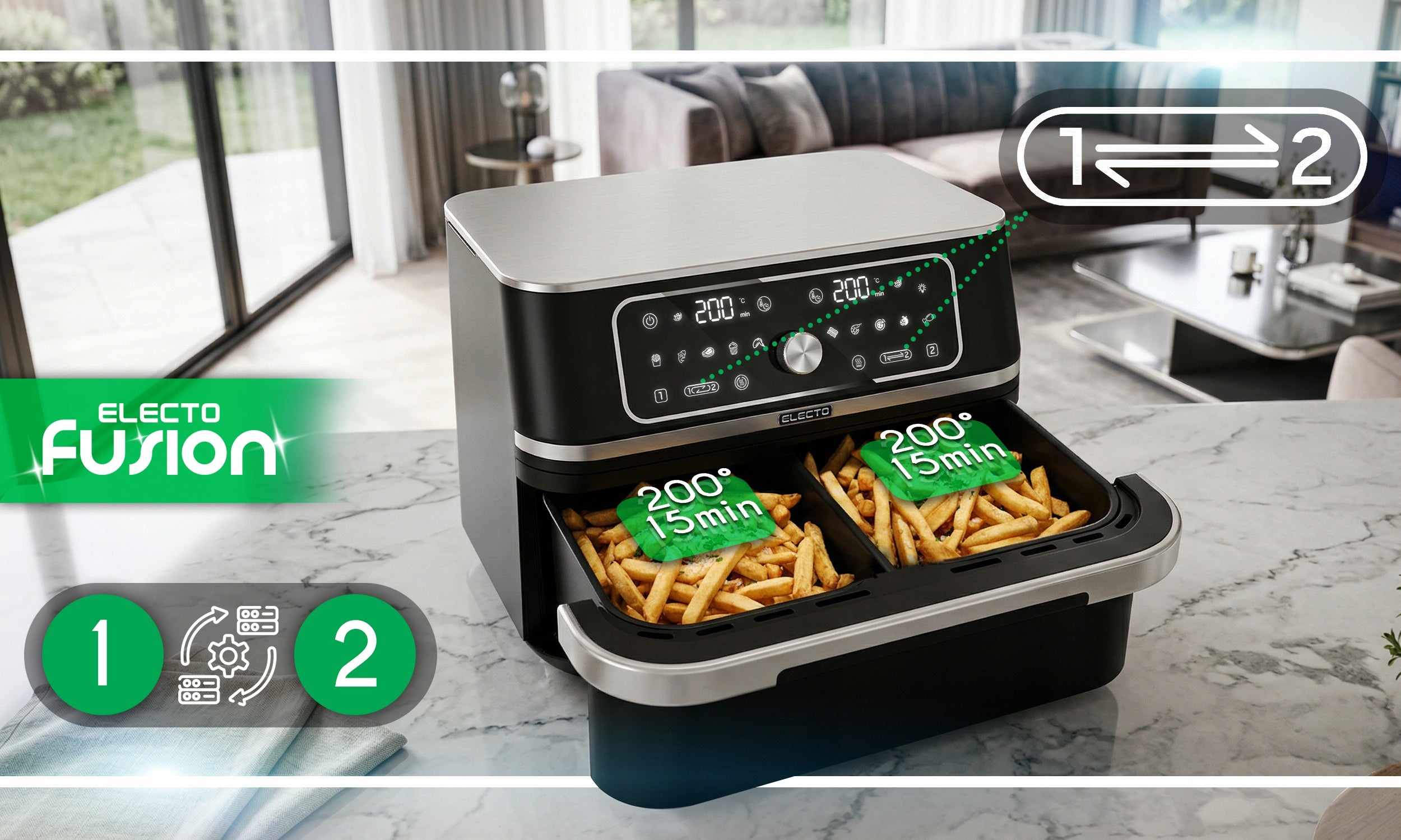 FAT FREE AIR FRYER 3100w LARGE 10L FRYER 12 PROGRAMS Bowl volume 10 l