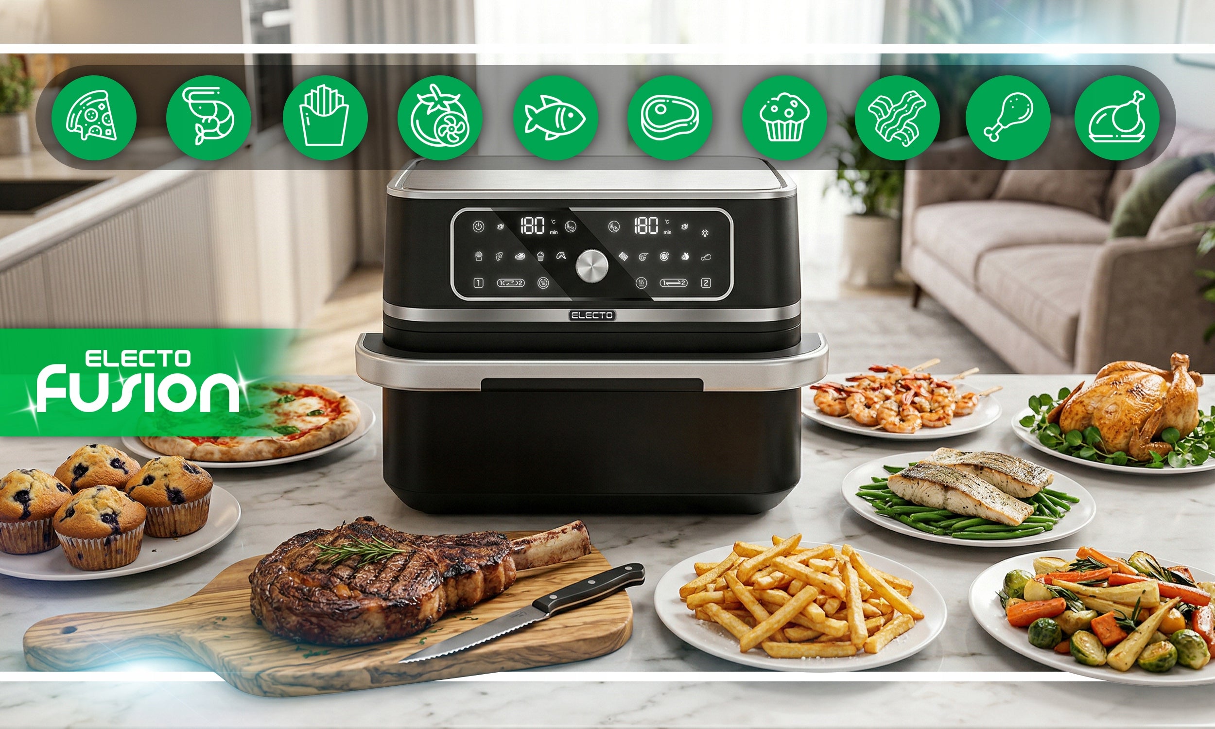 FAT FREE AIR FRYER 3100w LARGE 10L FRYER 12 PROGRAMS Brand Electo