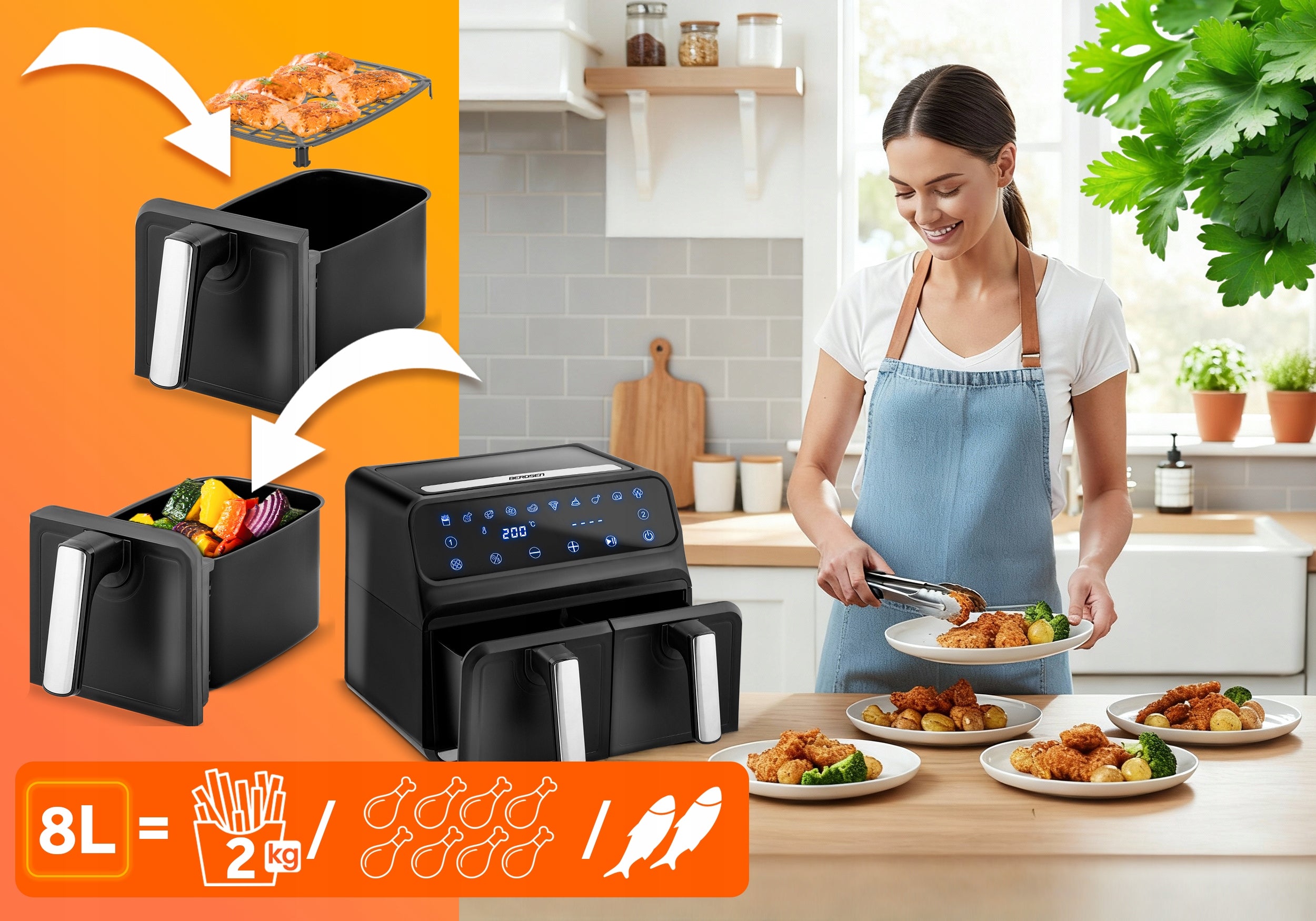 FAT-FREE AIR FRYER TWO-CHAMBER AIR FRYER LARGE AIR FRYER 8L XXL Brand Berdsen
