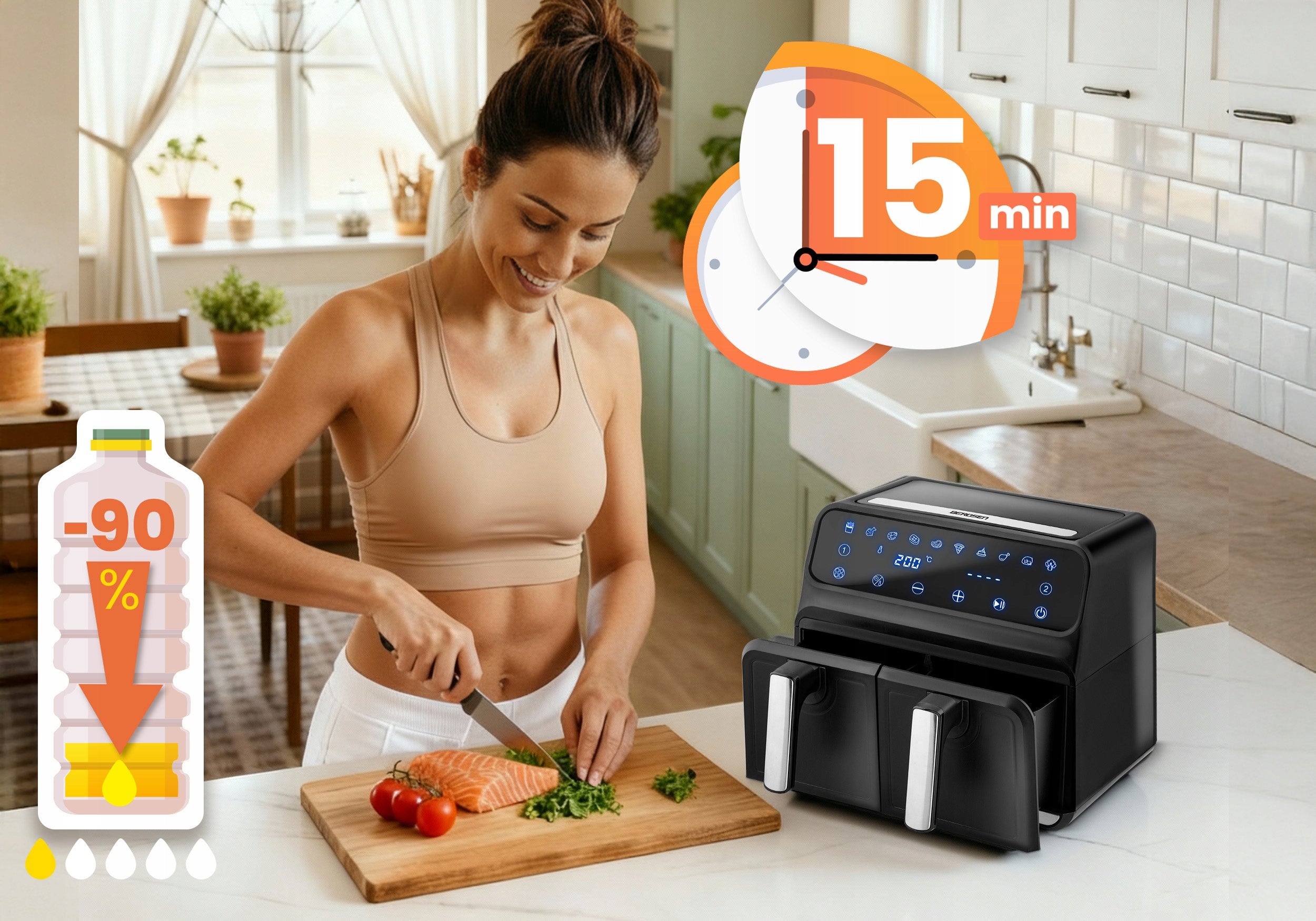 FAT-FREE AIR FRYER TWO-CHAMBER AIR FRYER LARGE AIR FRYER 8L XXL Dominant color black
