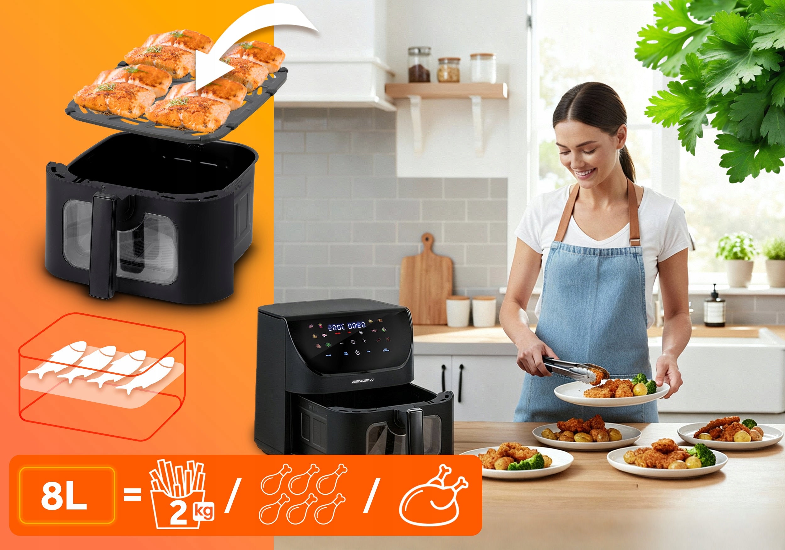 FAT FREE AIR FRYER XL AIR FRYER LARGE AIR FRYER 8L BERDSEN 1700W Brand Berdsen