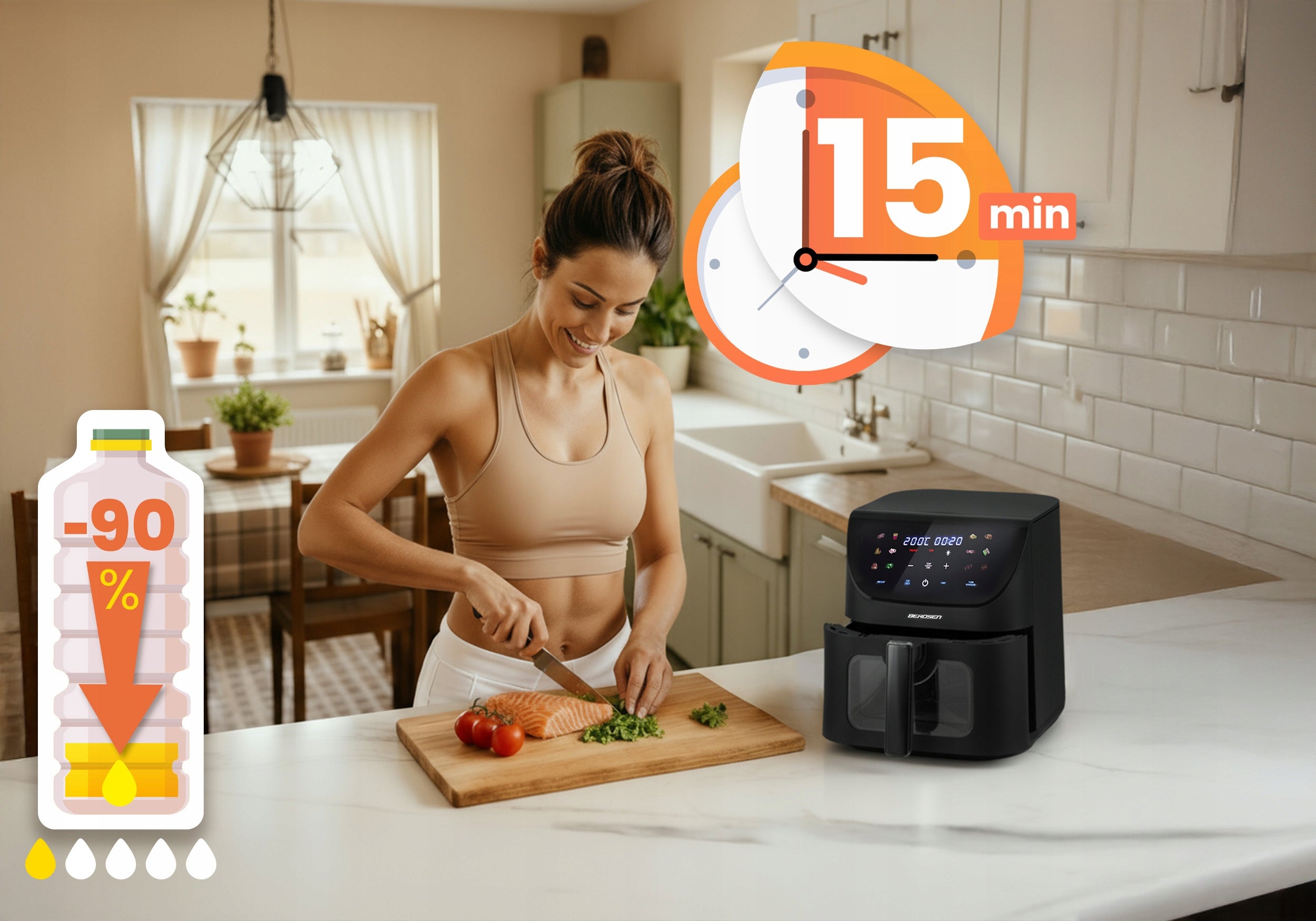 FAT FREE AIR FRYER XL AIR FRYER LARGE AIR FRYER 8L BERDSEN 1700W Dominant color black