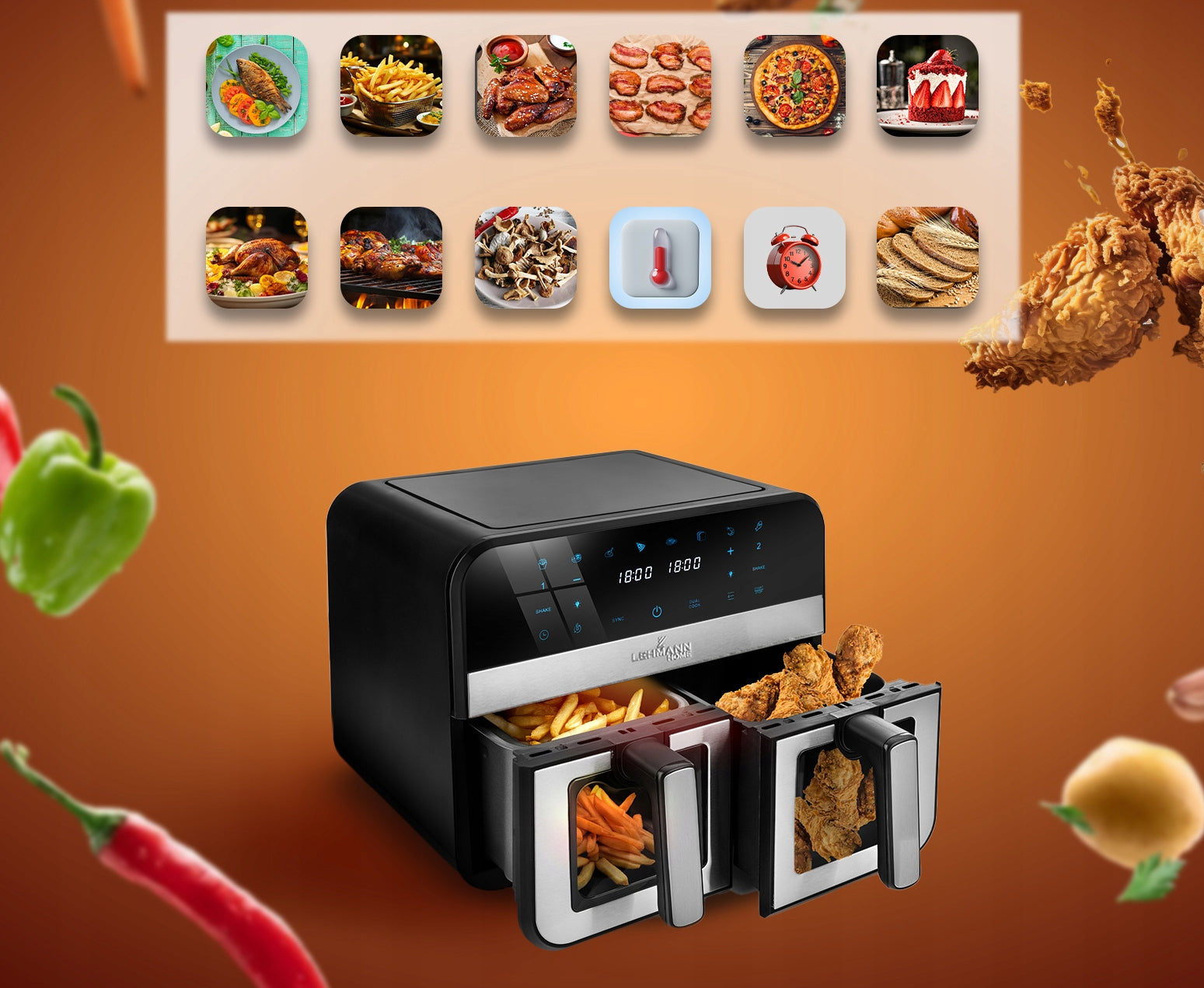 FAT FREE DOUBLE FRYER 9L AIR FRYER DUAL CHAMBER WIFI Dominant color black