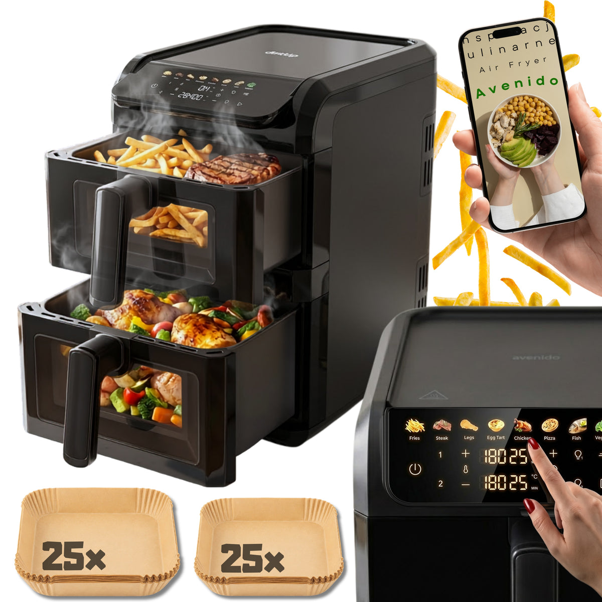 FAT FREE FRYER TWO CHAMBER VERTICAL 10L AIR FRYER 2700W x50 CARTRIDGE