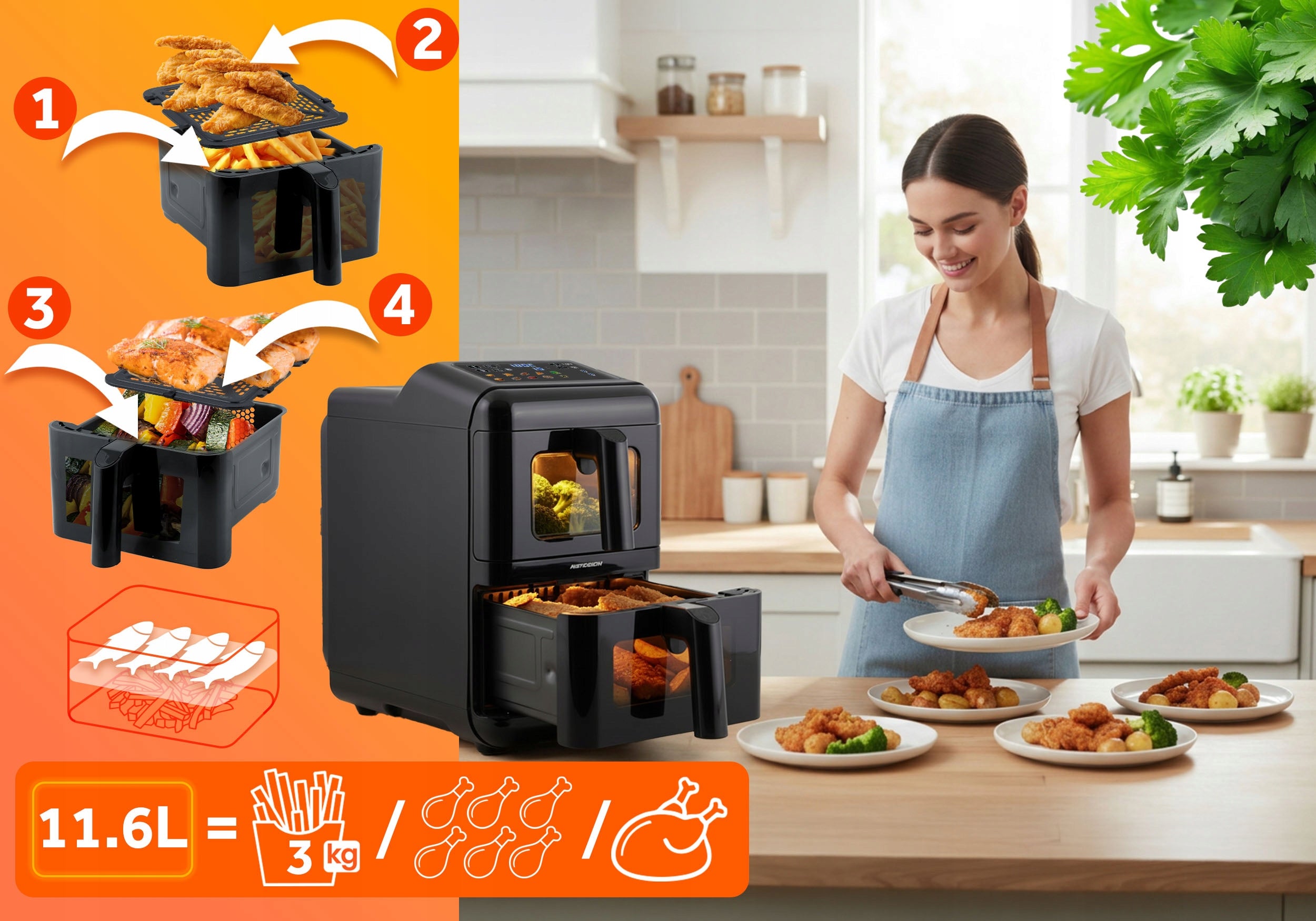 FAT-FREE FRYER TWO-CHAMBER VERTICAL 11,6l AIR FRYER BERDSEN 3000W Manufacturer code 366300