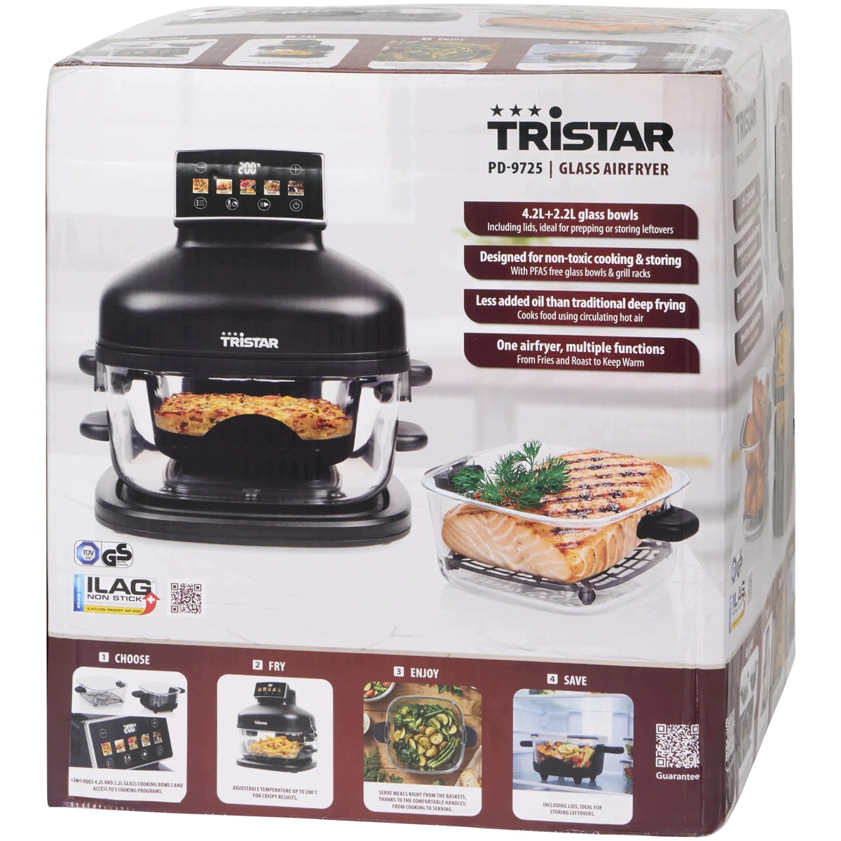 FAT FREE GLASS AIR FRYER TRISTAR 1500W 2 GLASS BOWLS Packaging status original