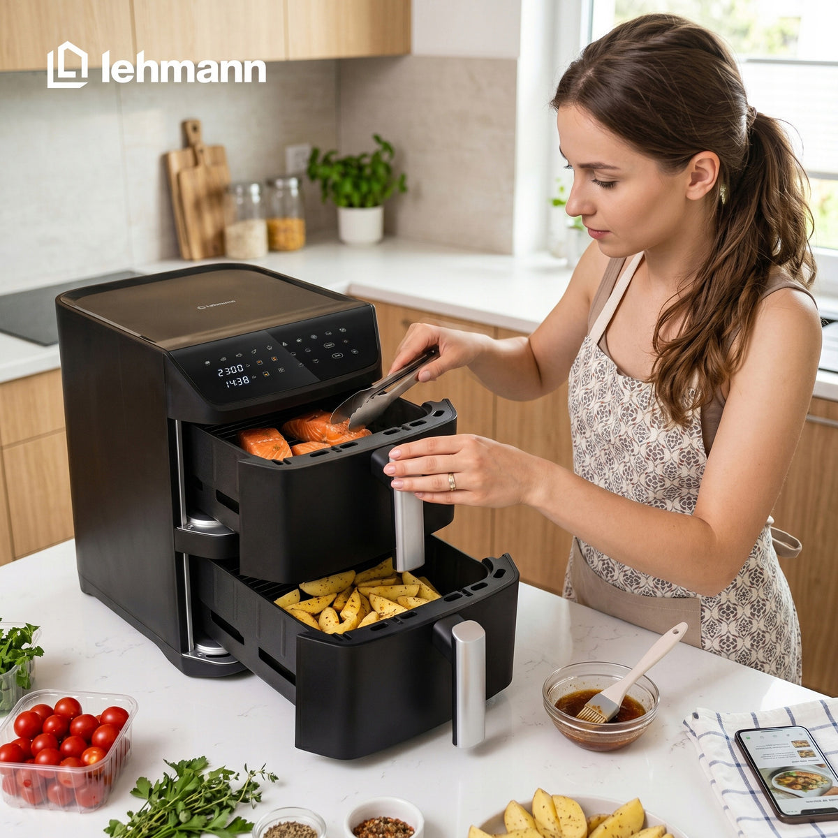 FAT-FREE TWO-CHAMBER AIR FRYER 12L 2800W XXL VERTICAL 2X6l Packaging status original