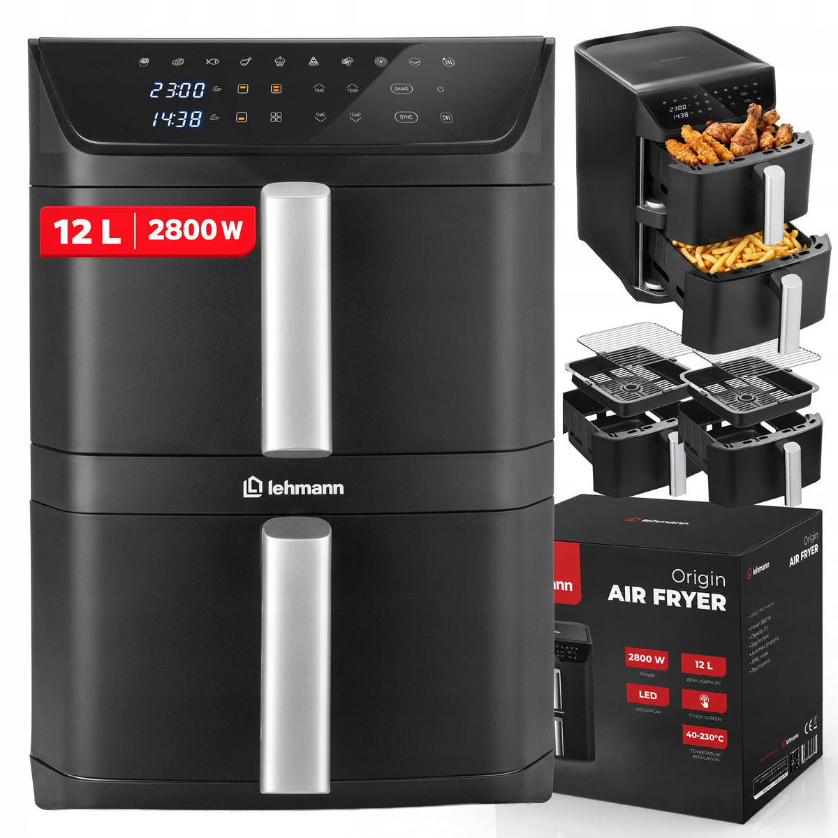 FAT-FREE TWO-CHAMBER AIR FRYER 12L 2800W XXL VERTICAL 2X6l
